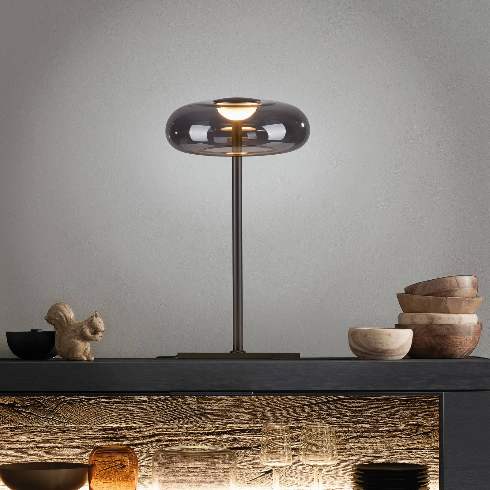 SCHÖNER WOHNEN LED-Tischlampe Posh, Rauchglas, 3.000 K günstig online kaufen