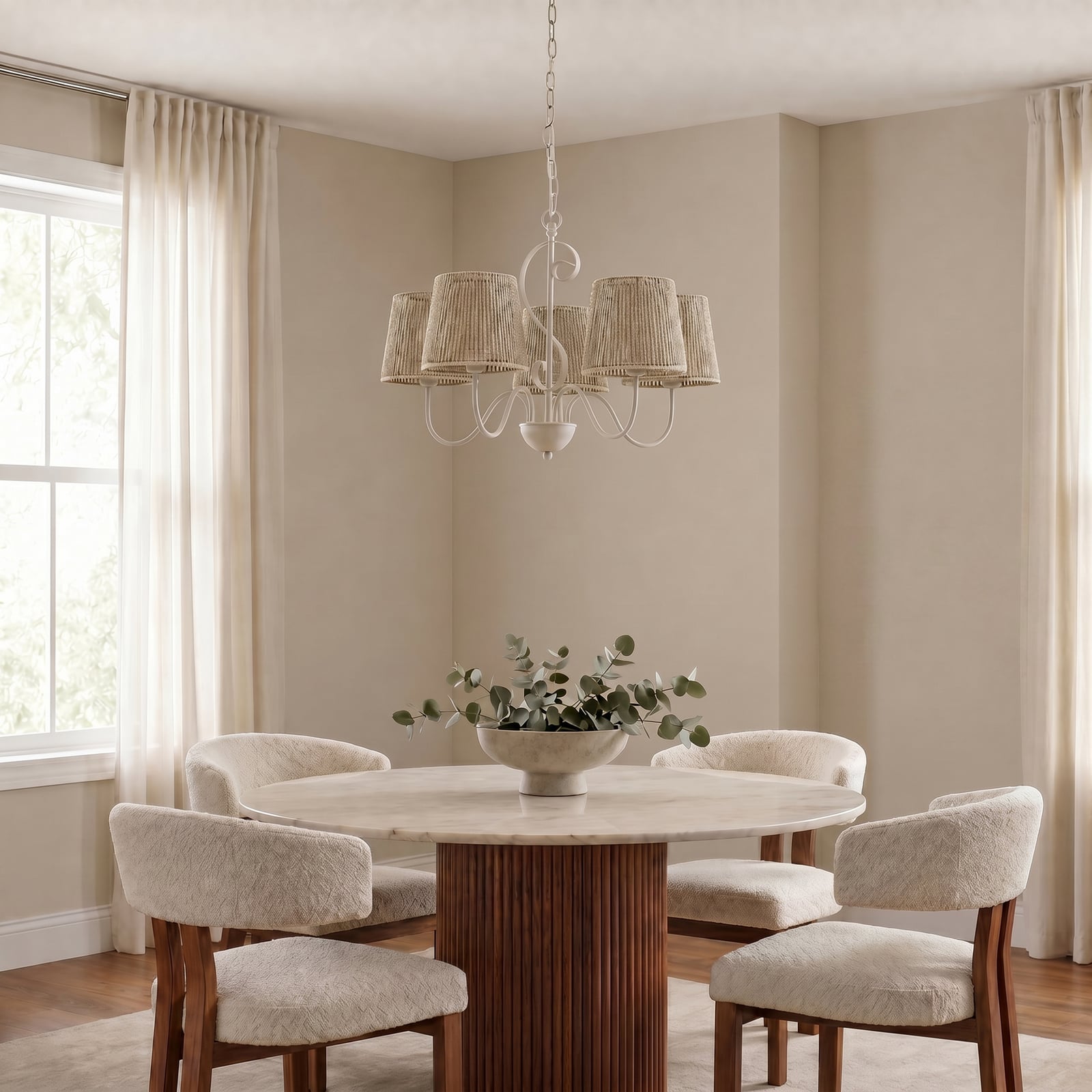 Lampadario Eugenia, a 5 luci, cavo, Ø 65 cm, beige, E14 - Lucande