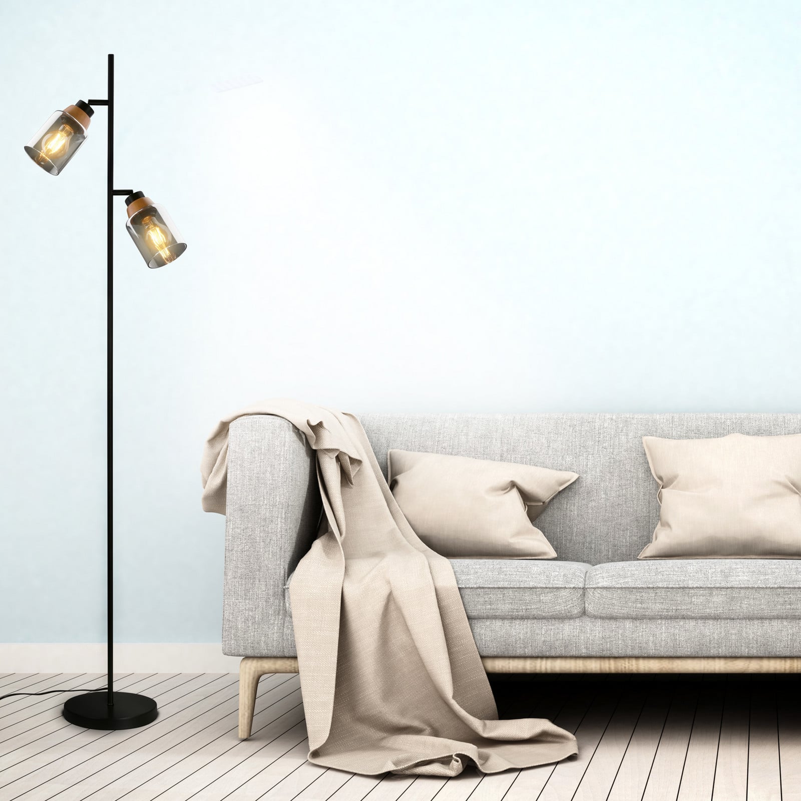 Briloner Lampadar 1486025 2 becuri abajururi sticlă fumurie - Camera de zi / sufragerie - negru gri fumuriu - Metal