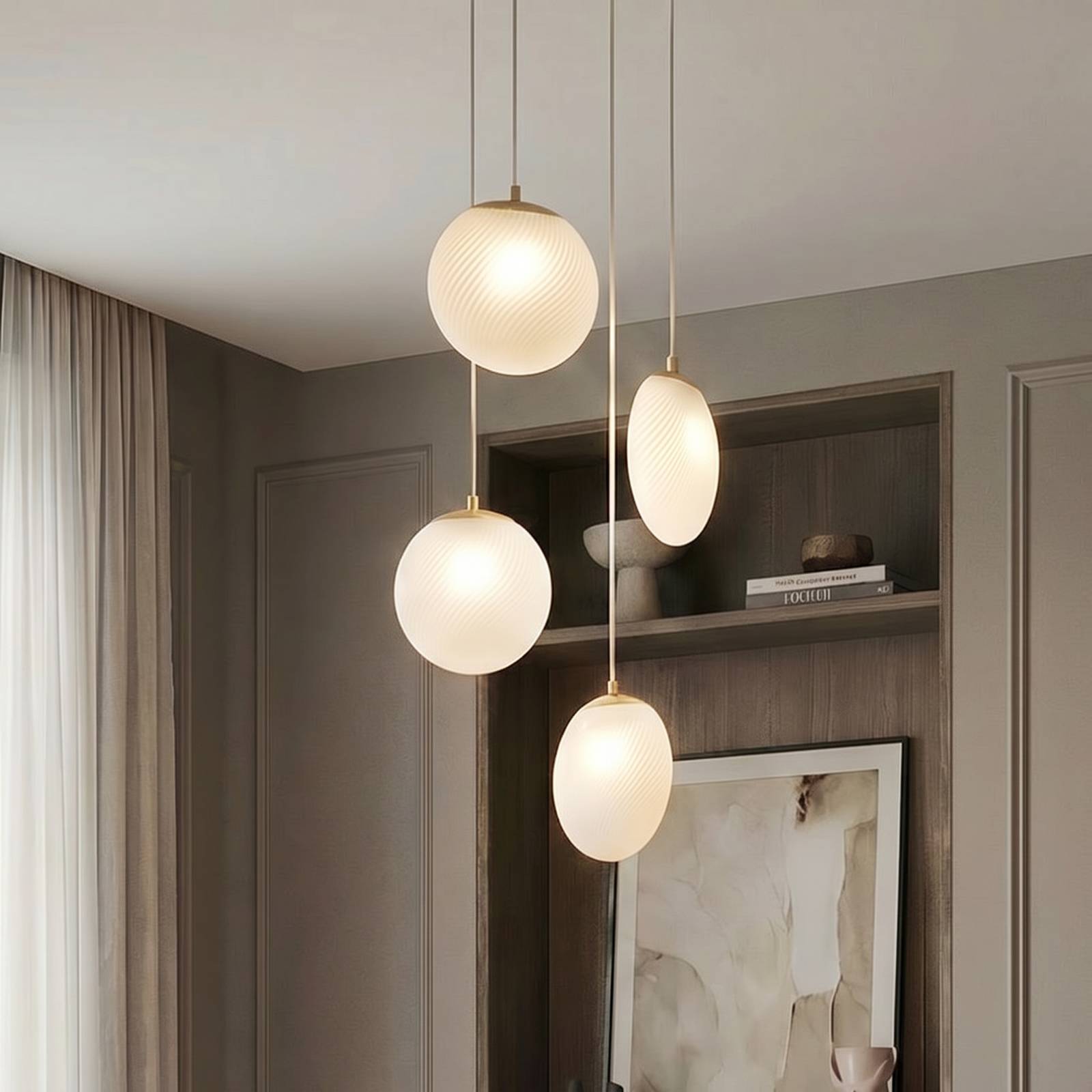 Suspension Lucande Lunelle, laiton, verre, à 4 lampes, Ø 40 cm