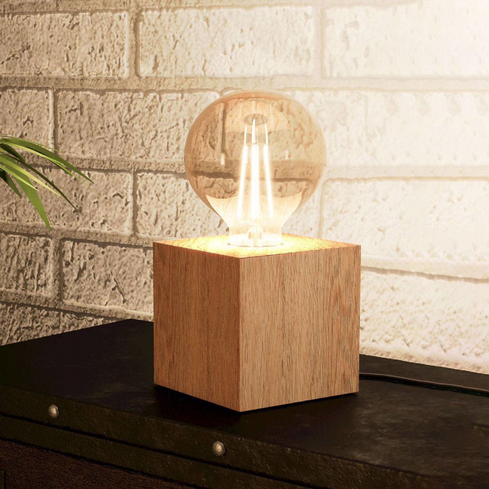 Tafellamp Prestwick 2 met houten kubus, naturel