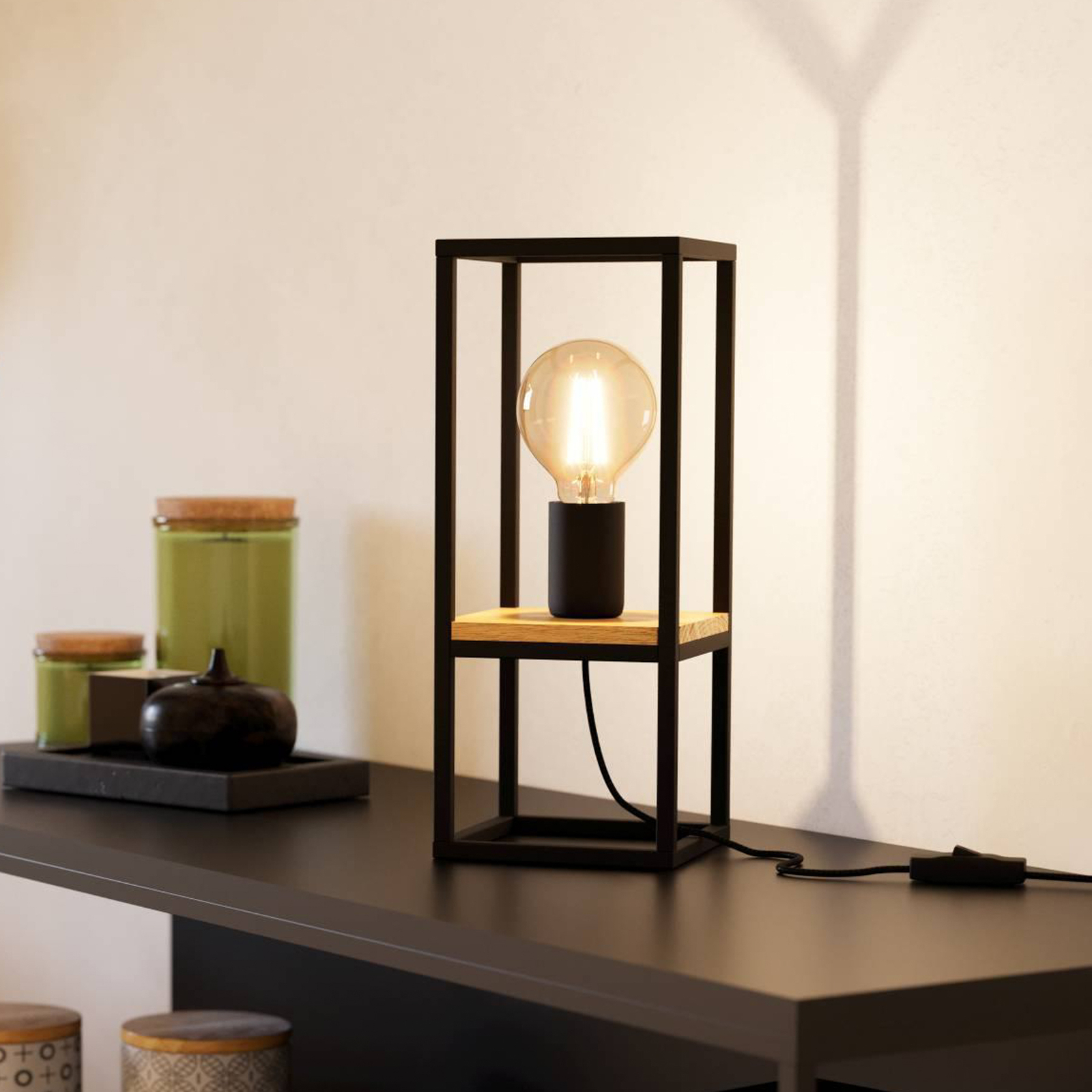 Stolna lampa Libertad, visina 35 cm, crna/drvo, čelik