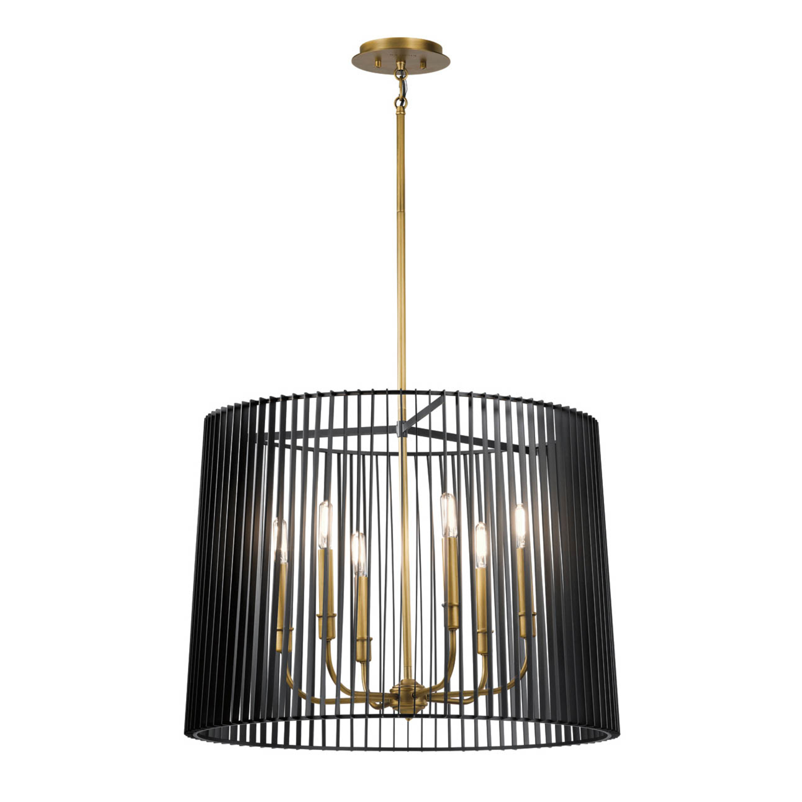 Linara hanging light, black/ brass, six-bulb
