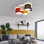 Lindby plafonnier Laurenz, 5 lampes à 93cm, rouge/jaune, textile