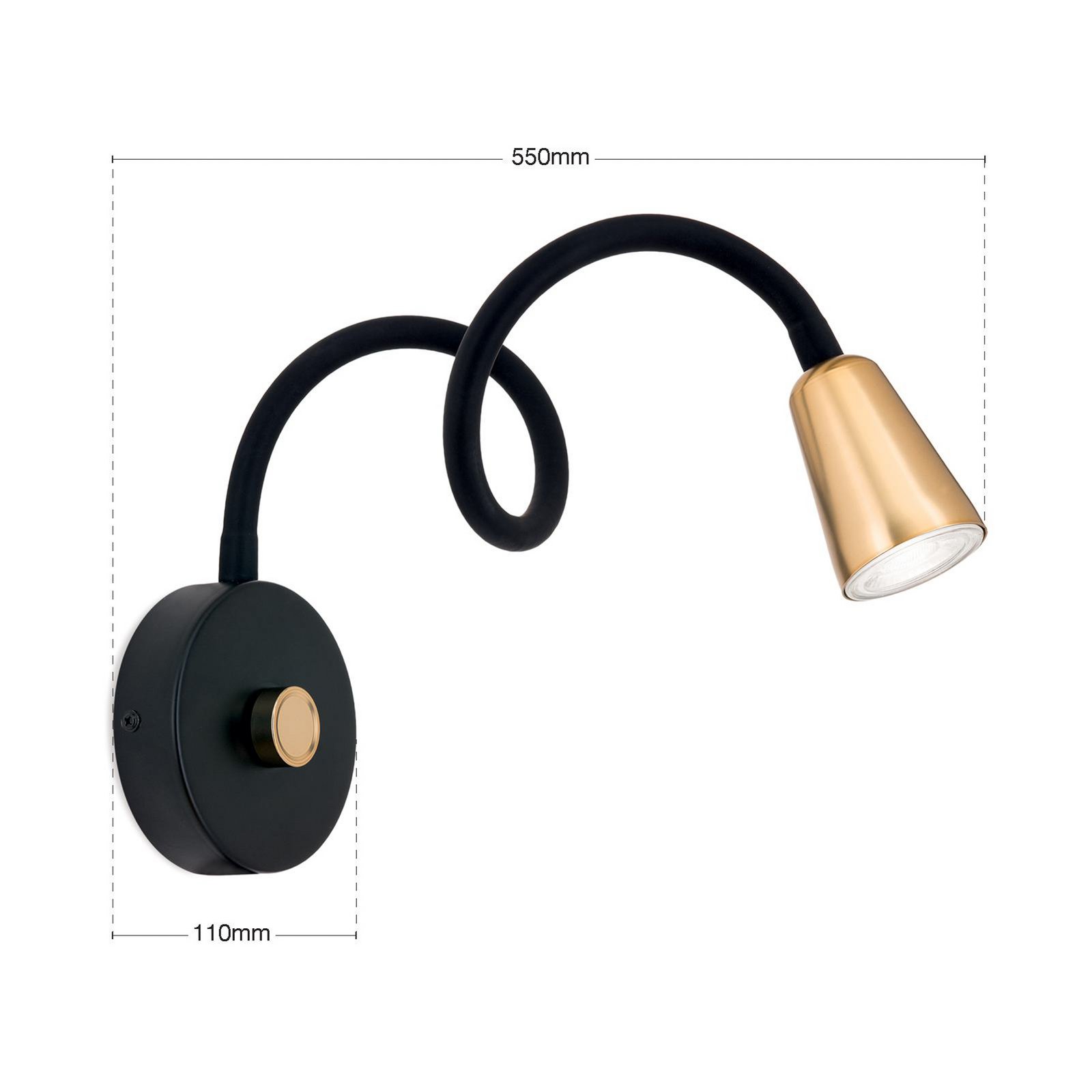 Wandleuchte Dotty, messingfarben, Flexarm, Dimmer, GU10