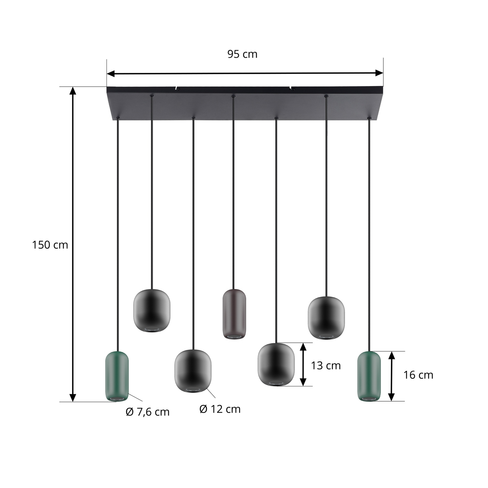 Lucande hanging light Narion, linear, black/brown/green, 7-bulb