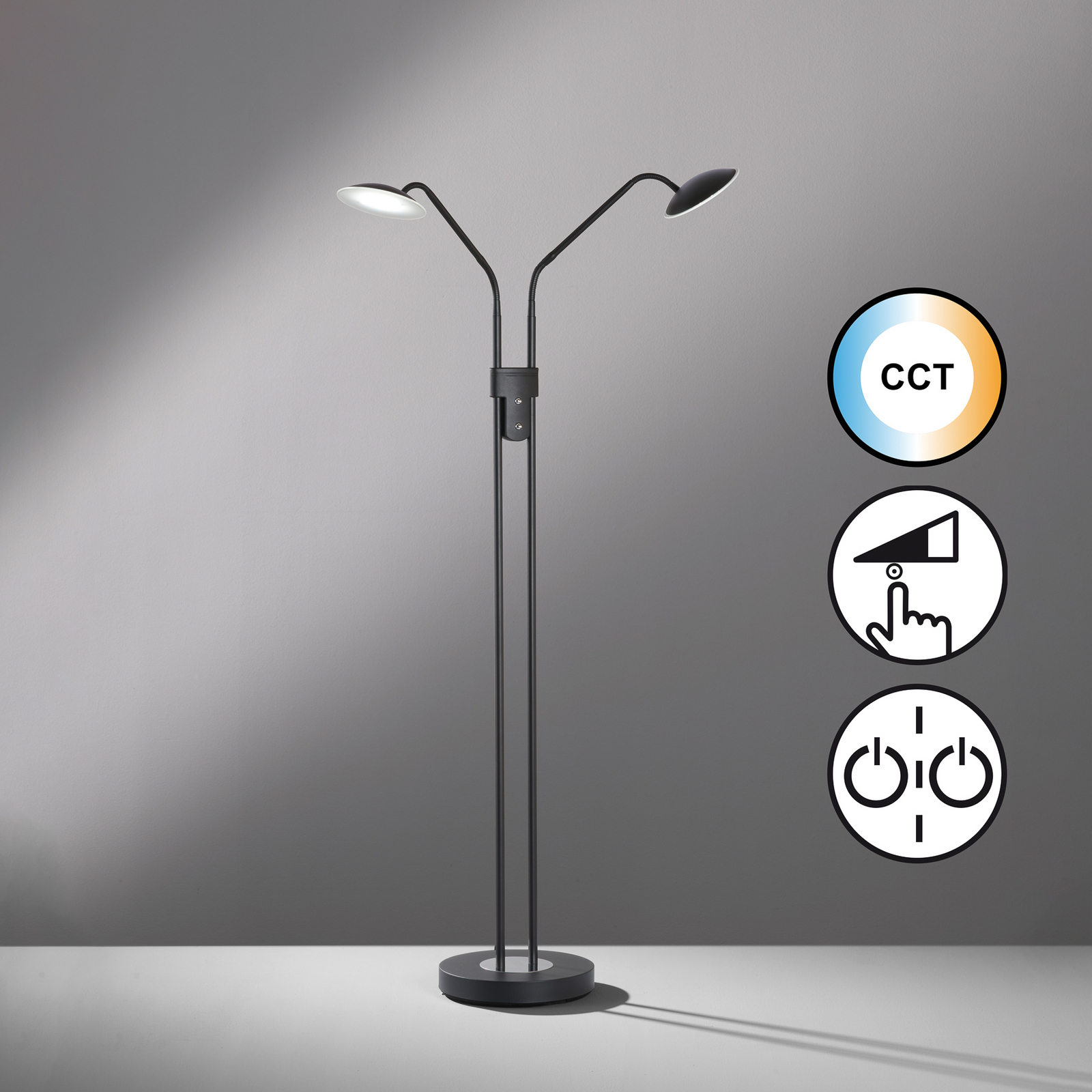 LED floor lamp Tallri black Height 135 cm 2-bulb CCT Touchdim