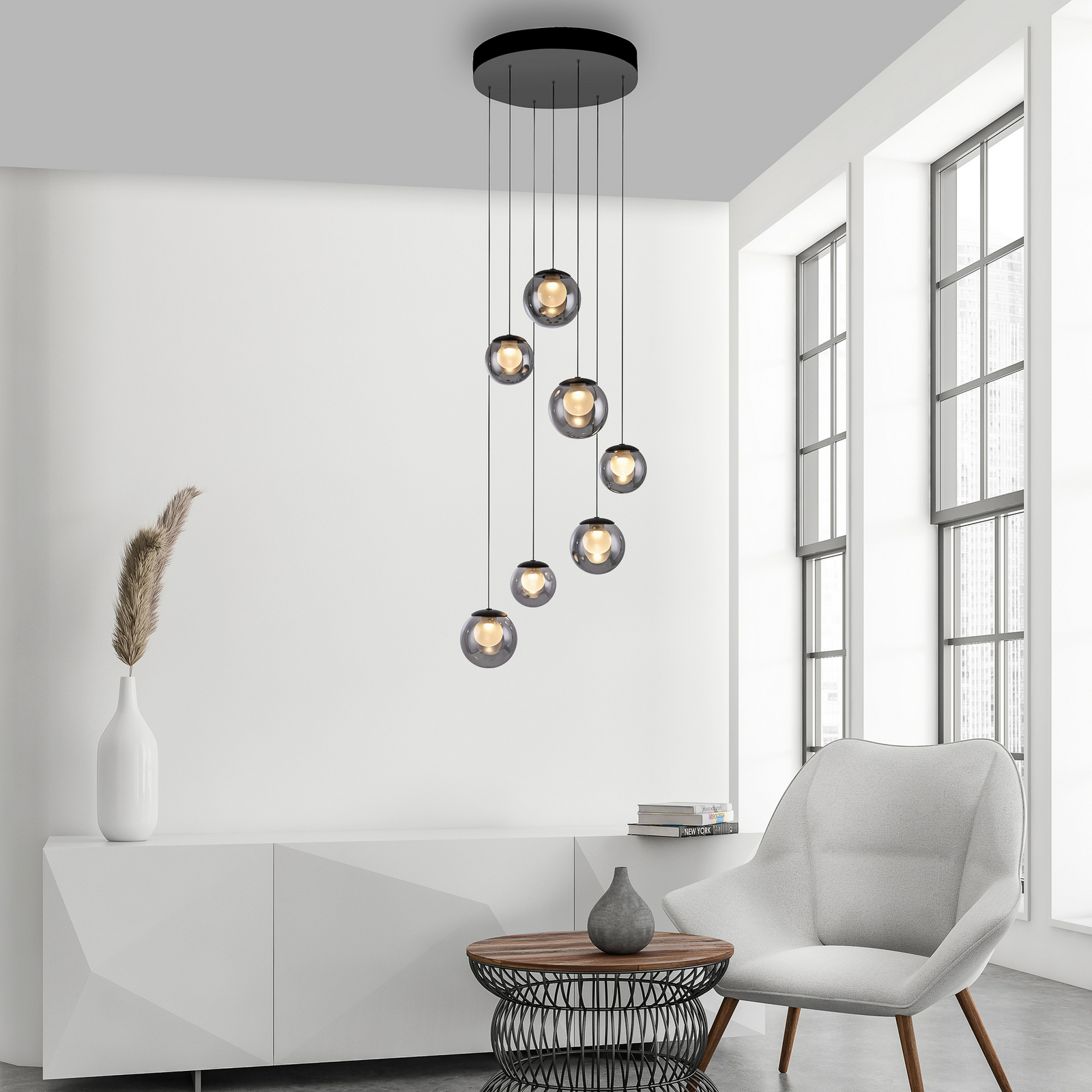 PURE LED-Hängelampe Popup, grau/rauchgrau, Ø 40 cm, 7-flg.