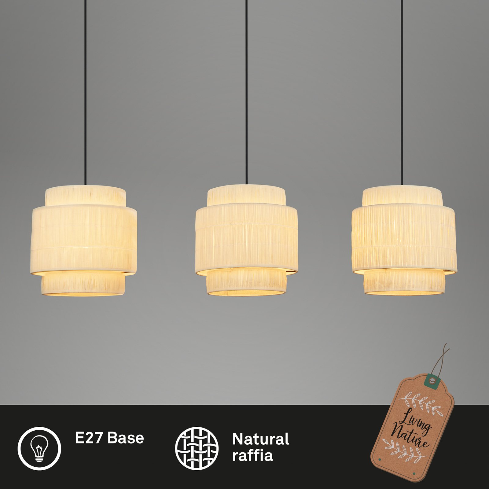 Papper hanglamp, 3-lamps, natuurlijke kleur, raffia, E27