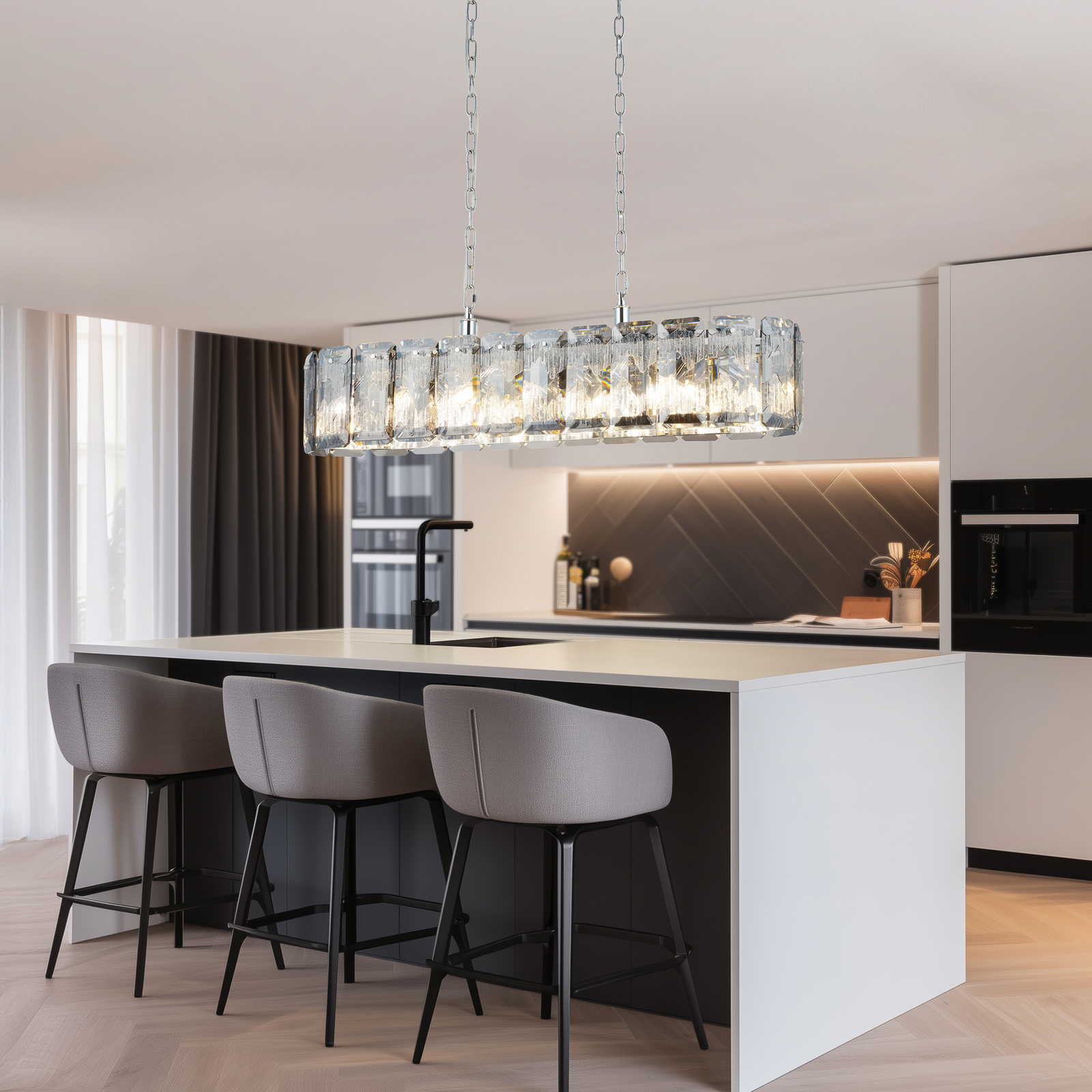 Lampadario Orvin, lineare, cromo, 16 luci, lunghezza 96 cm, vetro