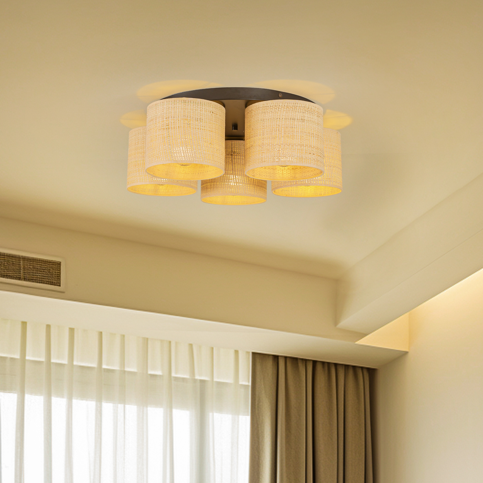 Jovin ceiling light, five rattan lampshades