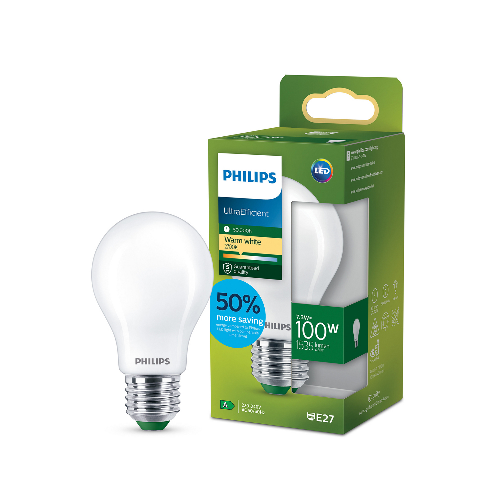 Philips E27 bulb A60 7,3W 1535lm 2.700K matt