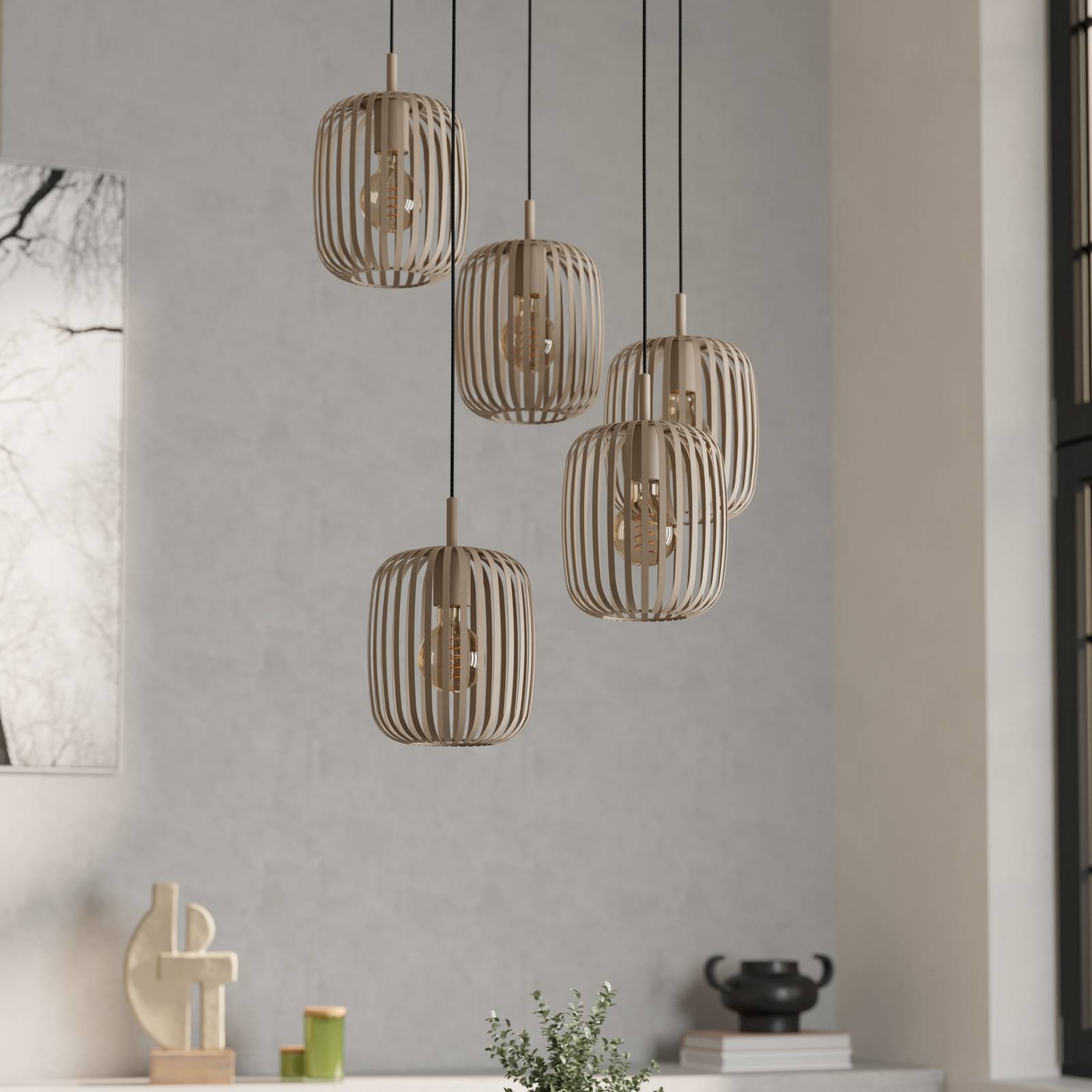 Hängelampe Romazzina, sandfarben, Stahl, Ø 50 cm, 5-flg. günstig online kaufen