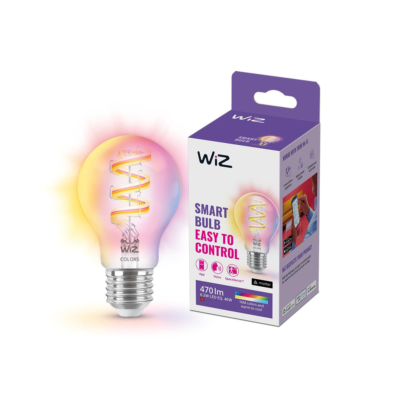 WiZ A60 LED žárovka filament WiFi E27 6,3W RGBW