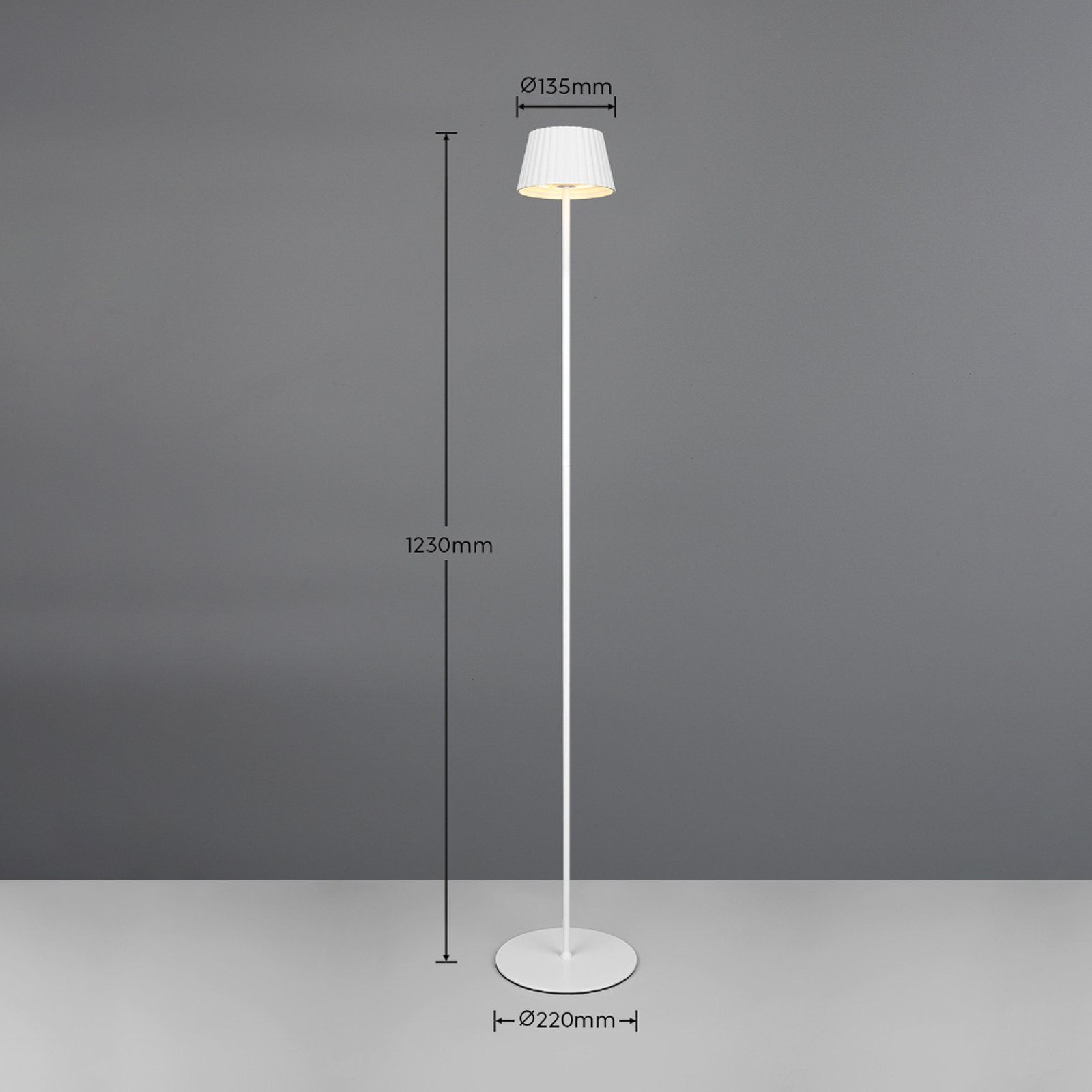 Suarez LED talna svetilka za polnjenje, bela, višina 123 cm, kovinska