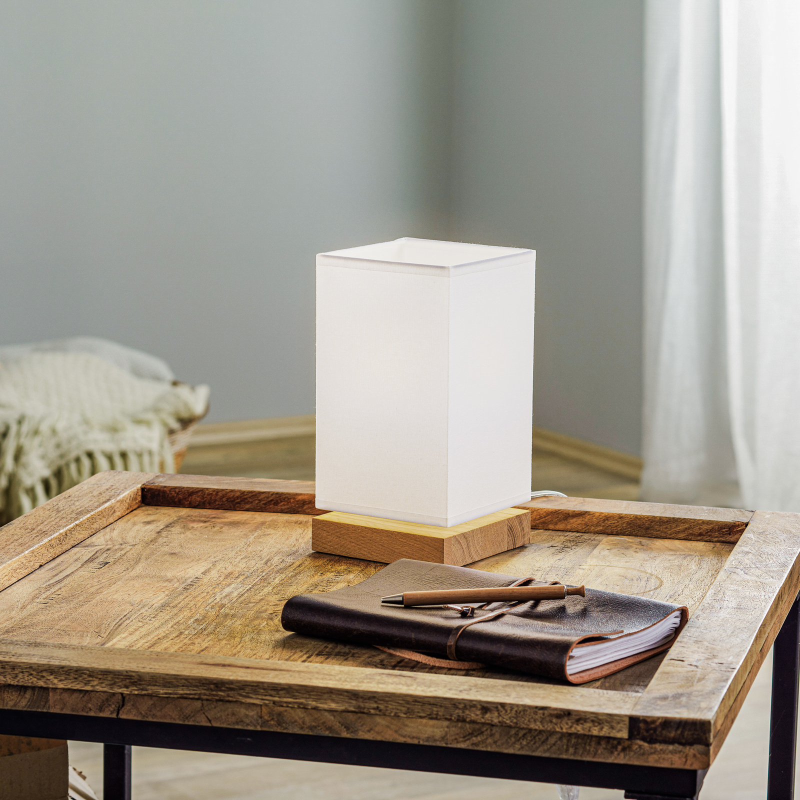 Canvas table lamp, oak, angular, white