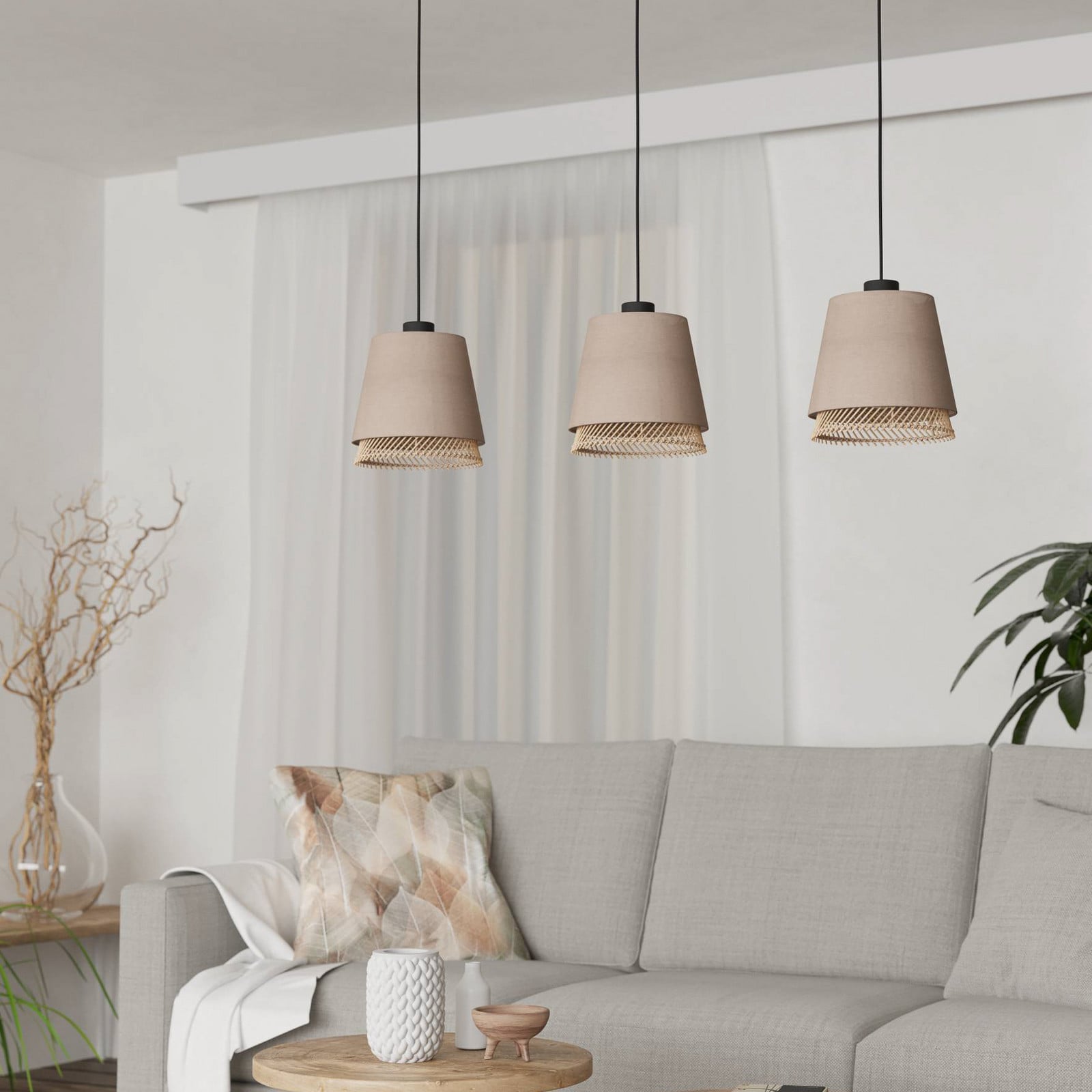 EGLO Lampă suspendată Tabley negru/culoare naturală 89 cm țesătură 3 becuri. - Camera de zi / sufragerie - negru natural - Țesătură / Textil