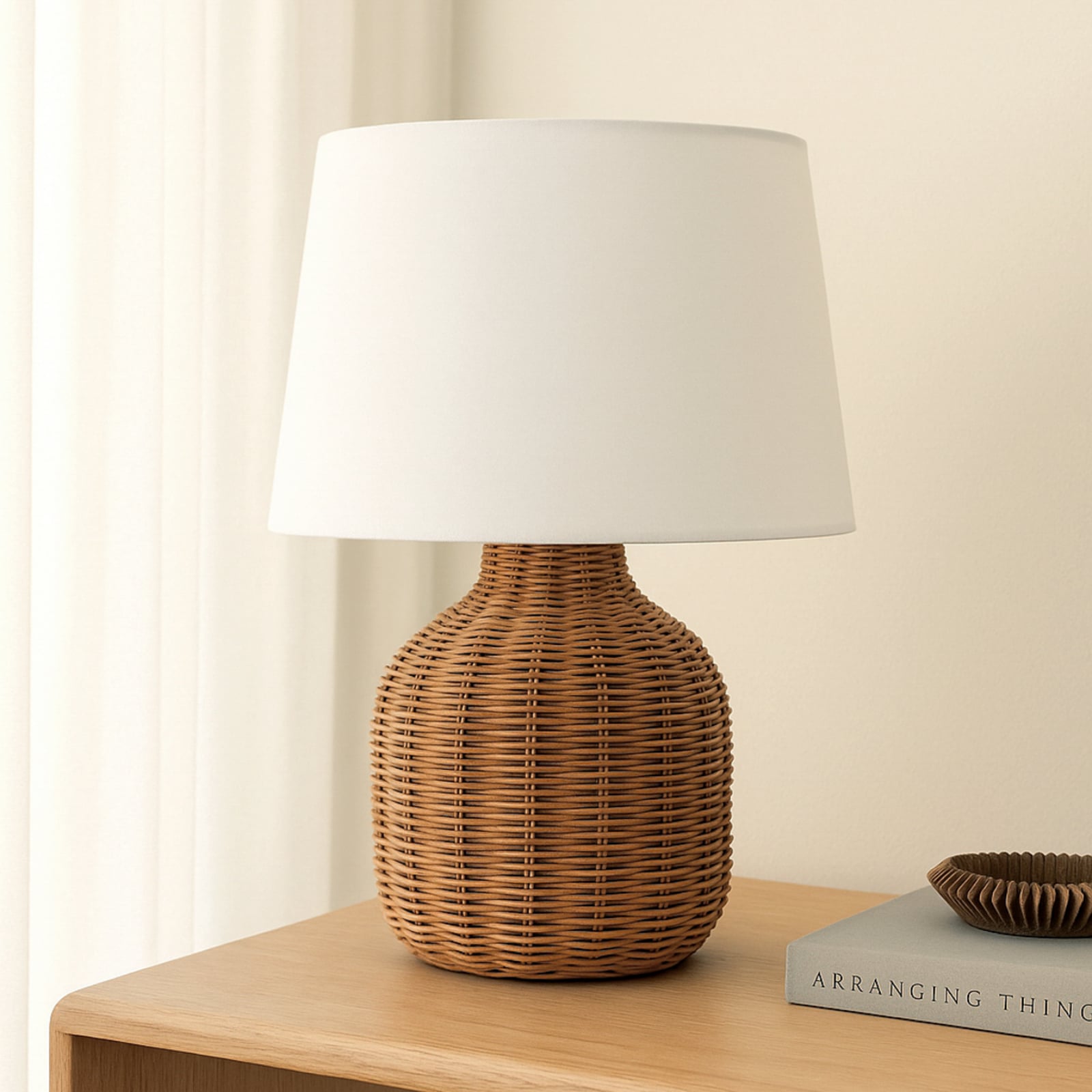Lirenda table lamp, natural/white, rattan, height 52 cm - Lindby