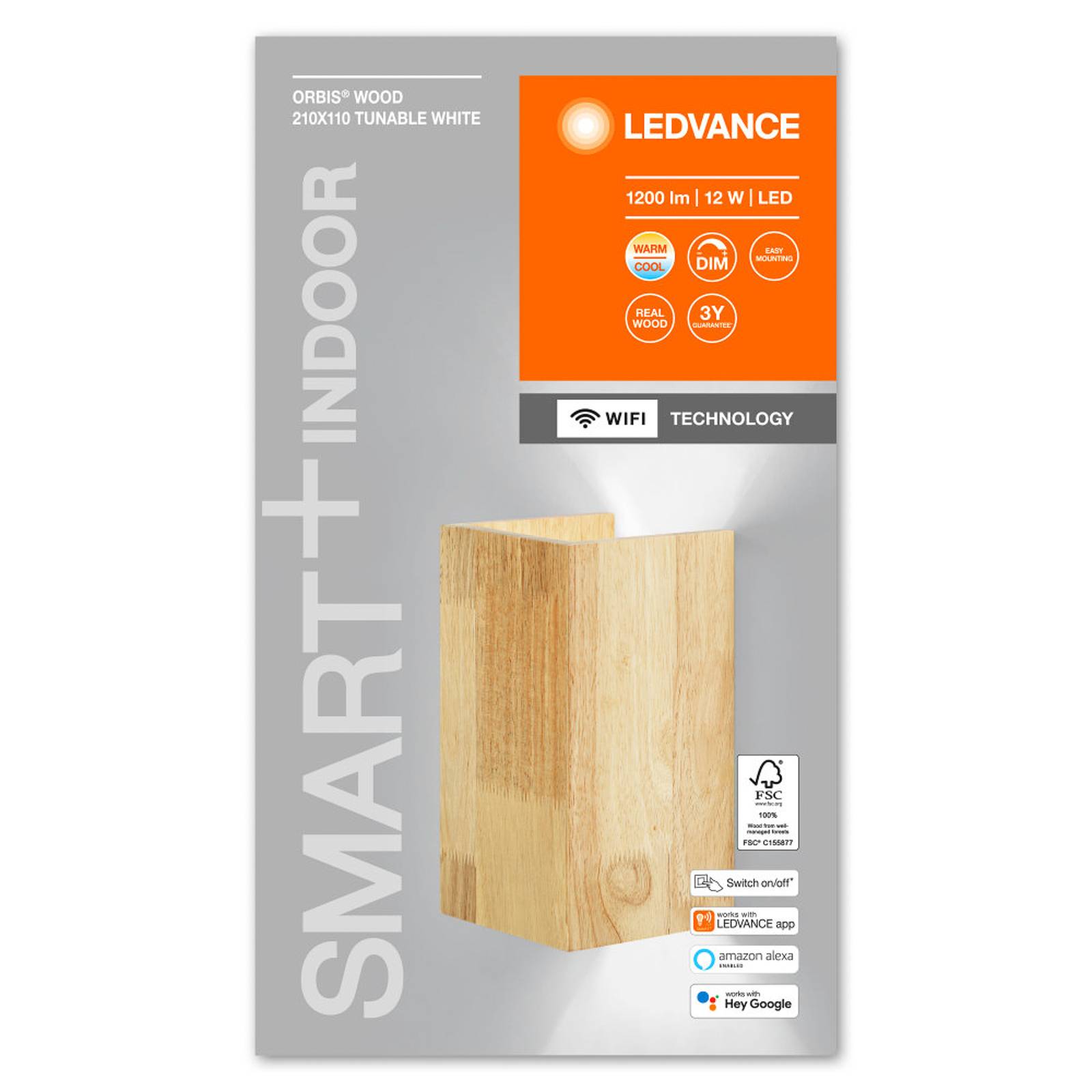 LEDVANCE SMART+ WiFi Orbis Wall Wood, 21 x 11 cm