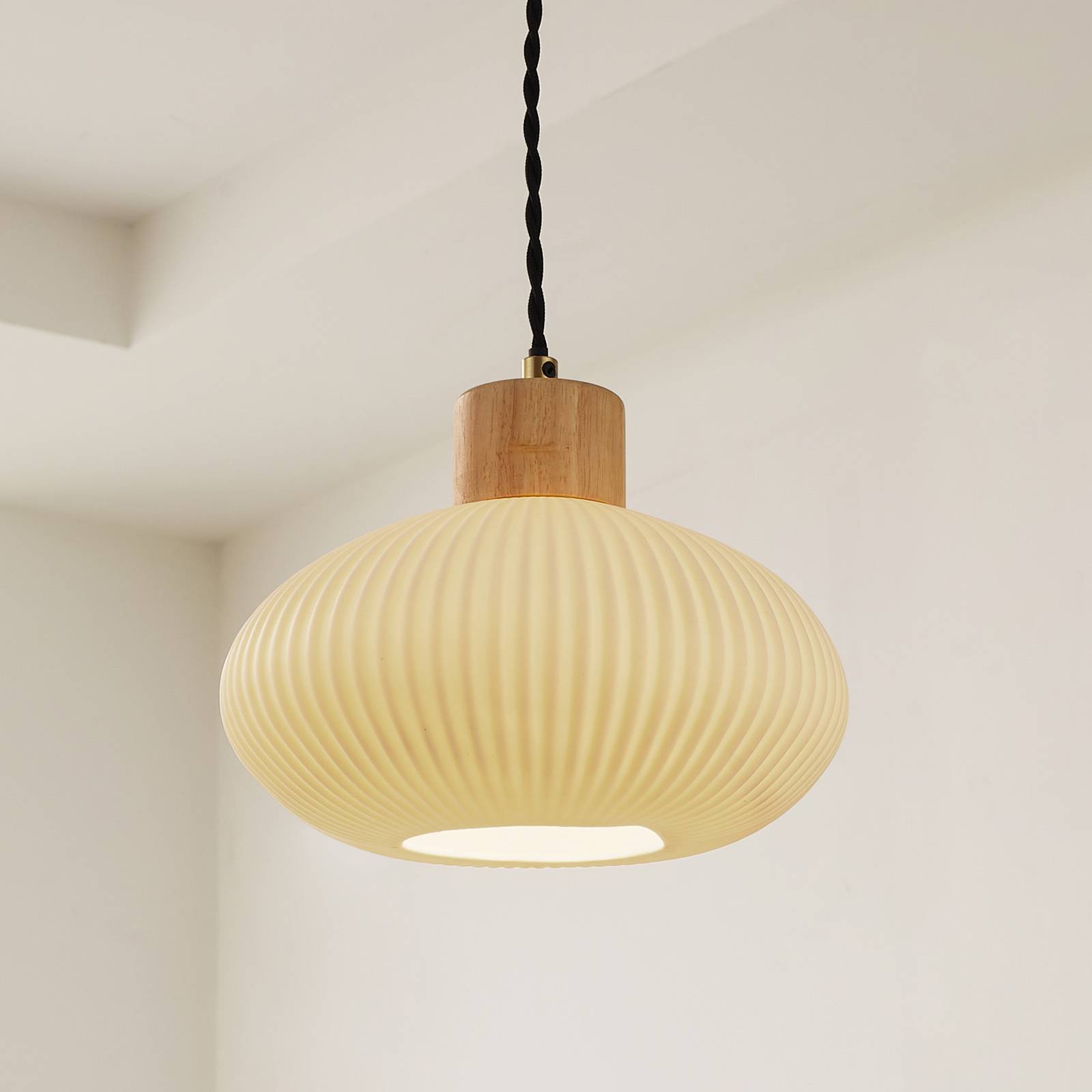 Lampa wisząca Paulie, Ø 23 cm, ceramika, drewno, biały