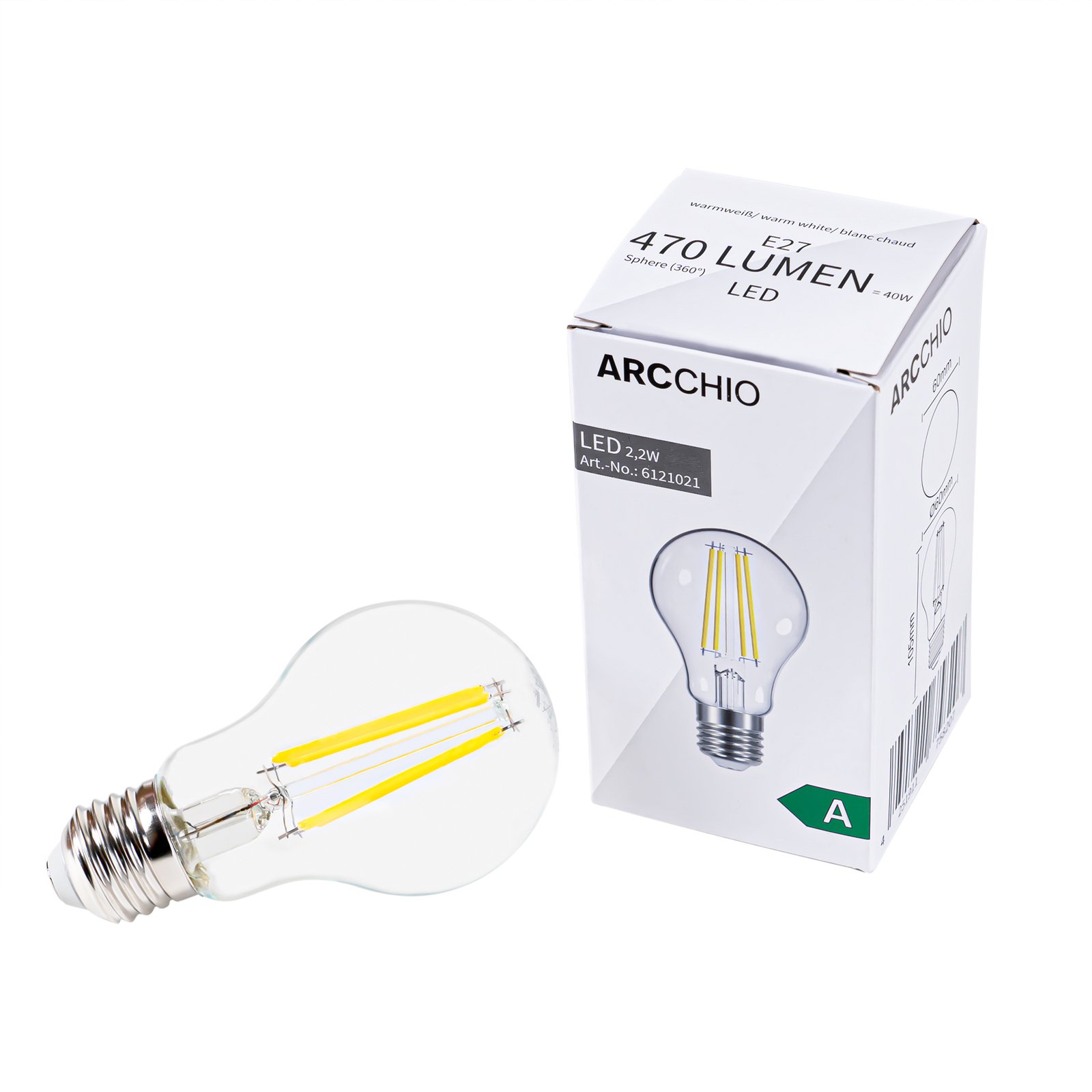 Filament LED bulb E27 2.2W 2,700K 470 lumens clear
