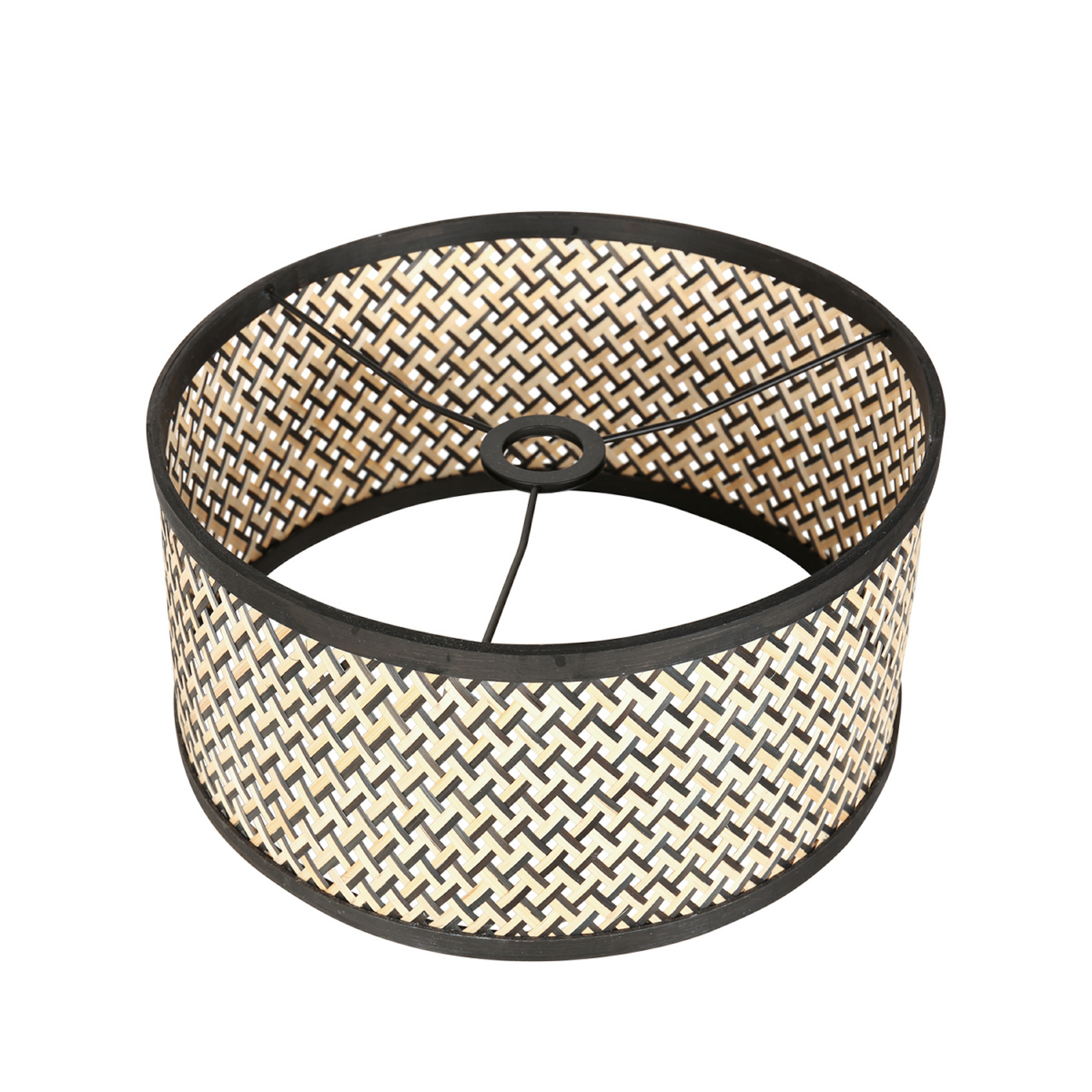 Żyrandol Sparkled Light, klosz z plecionki w kolorze czarnym i drewnianym