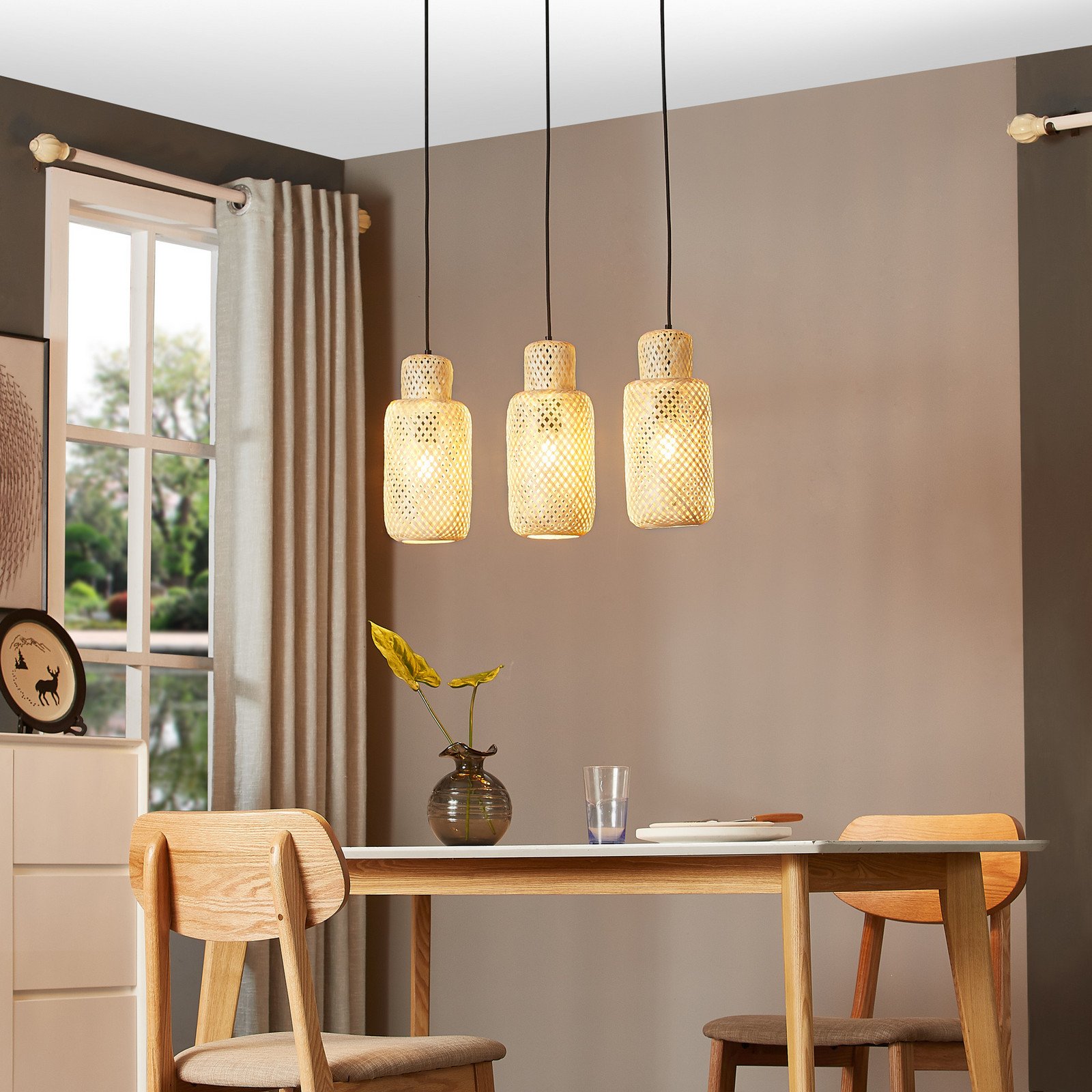 Lindby Venora lampă suspendată alungită 3 lumini 15 cm bambus - Camera de zi / sufragerie - Casă de țară / Rustic - lemn deschis negru - Bamboo