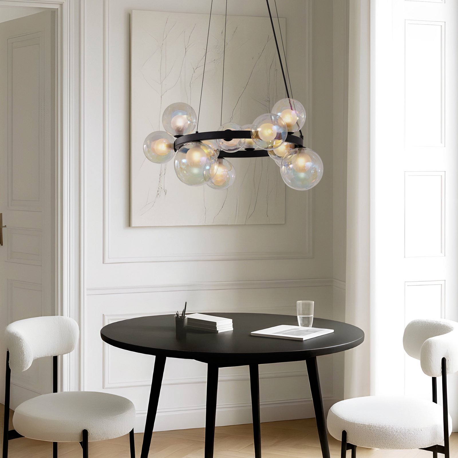 Lucande hengelampe Marvi, Ø 68 cm, svart, glass, metall