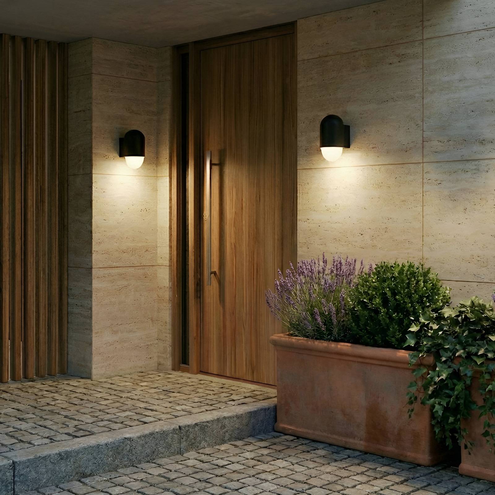 Lindby Außenwandleuchte Pilva, schwarz, Metall, IP44, E27 günstig online kaufen