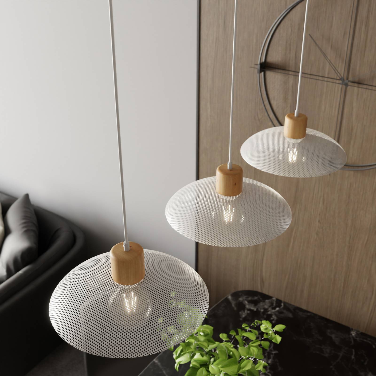 Lampa wisząca Kobe, 3-punktowa, stal, drewno, biały
