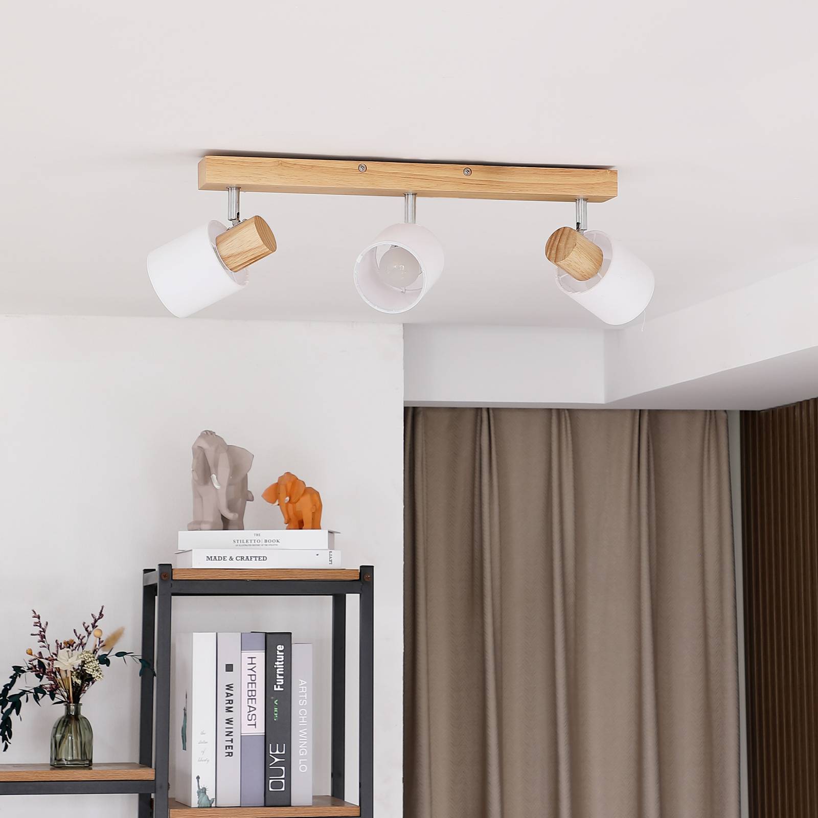 lindby spot pour plafond wanessa, 3 lampes, bois, blanc, e14
