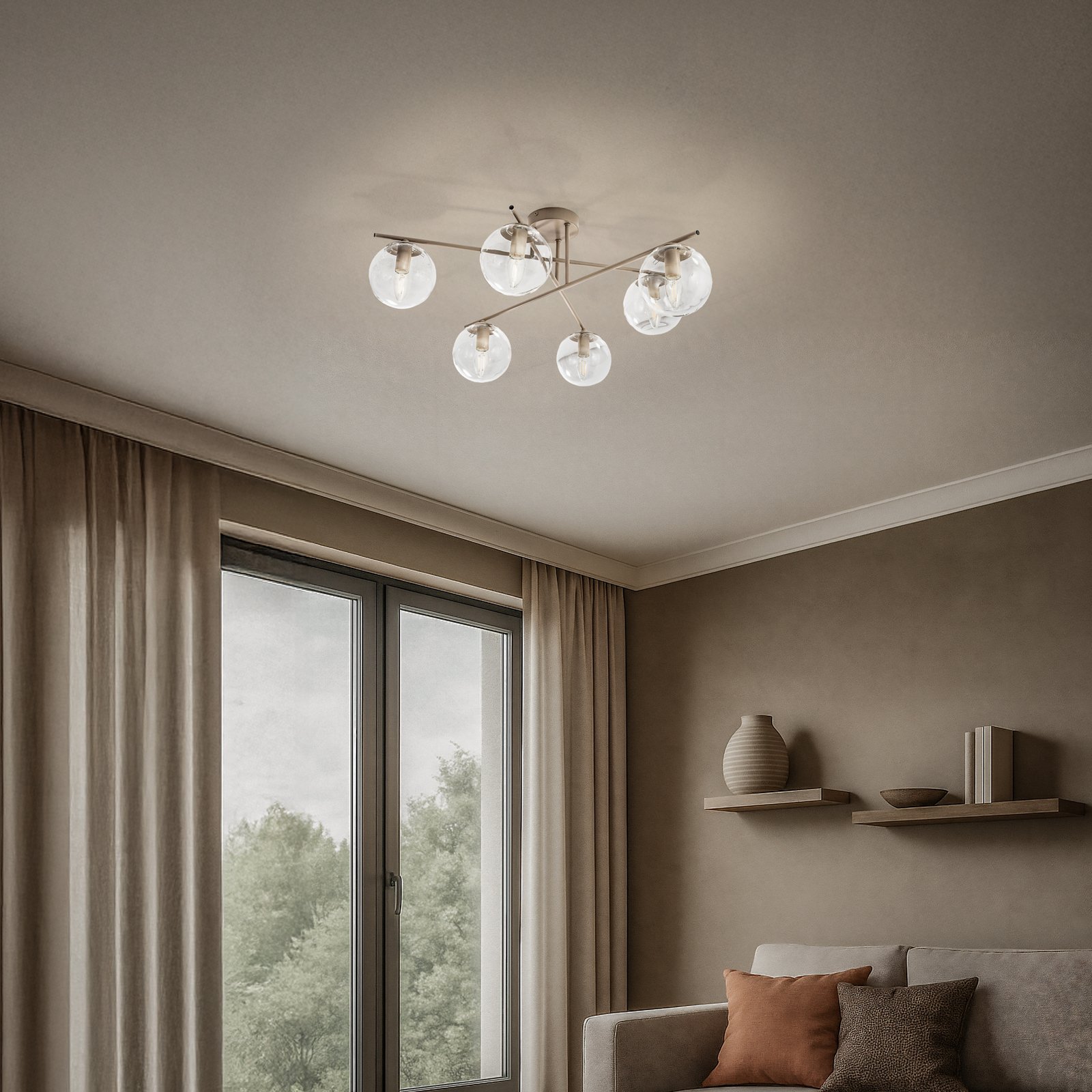 Griestu lampa Zoe, smilškrāsā, garums 72 cm, 6 spuldzes, stikls, E14