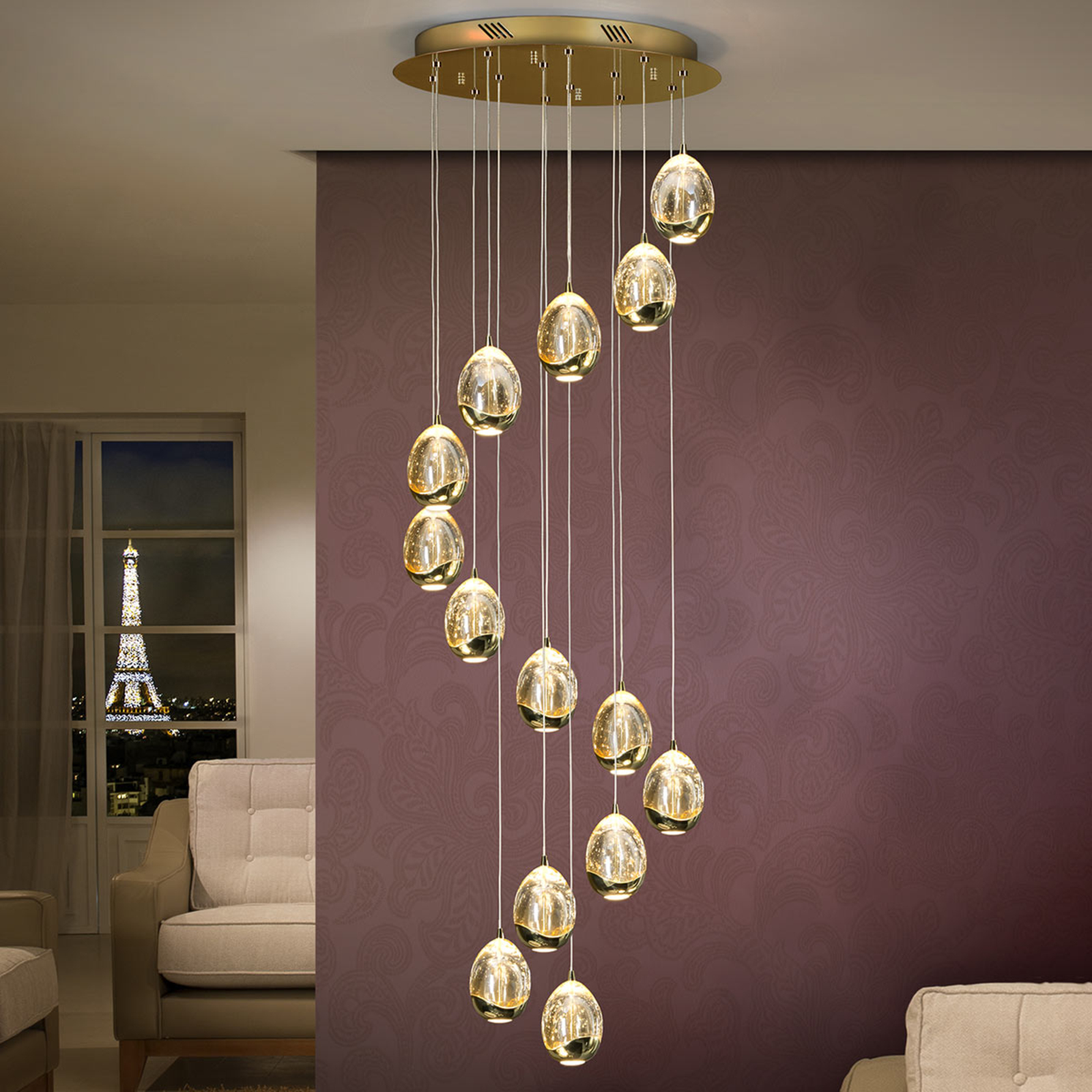 Schuller Rocio LED pendant light, 14-bulb, gold, for Living / Dining Room, metal, glass, 5 W, energy efficiency: A+