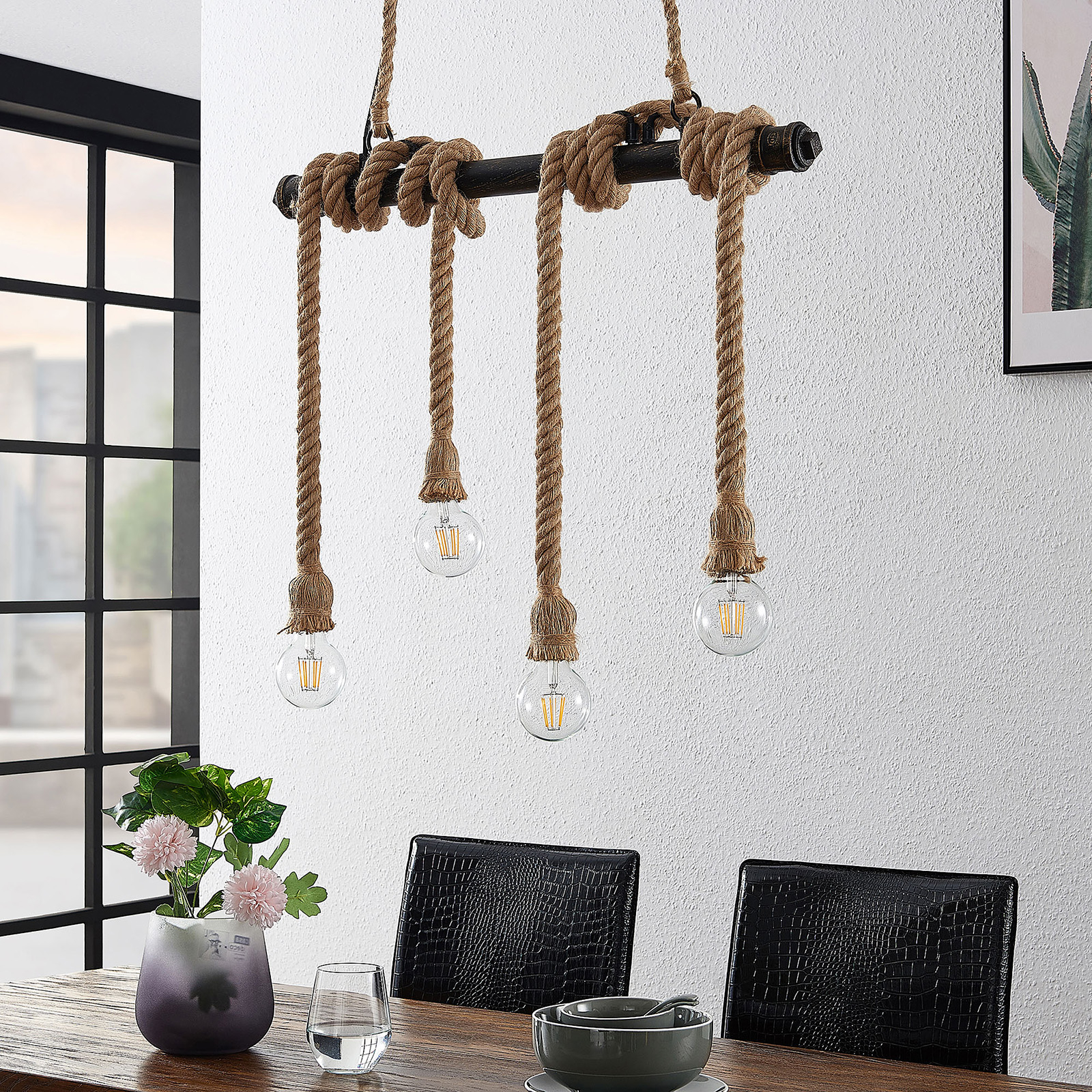 Lindby Hajo hanglamp, 4-lamps, touw |
