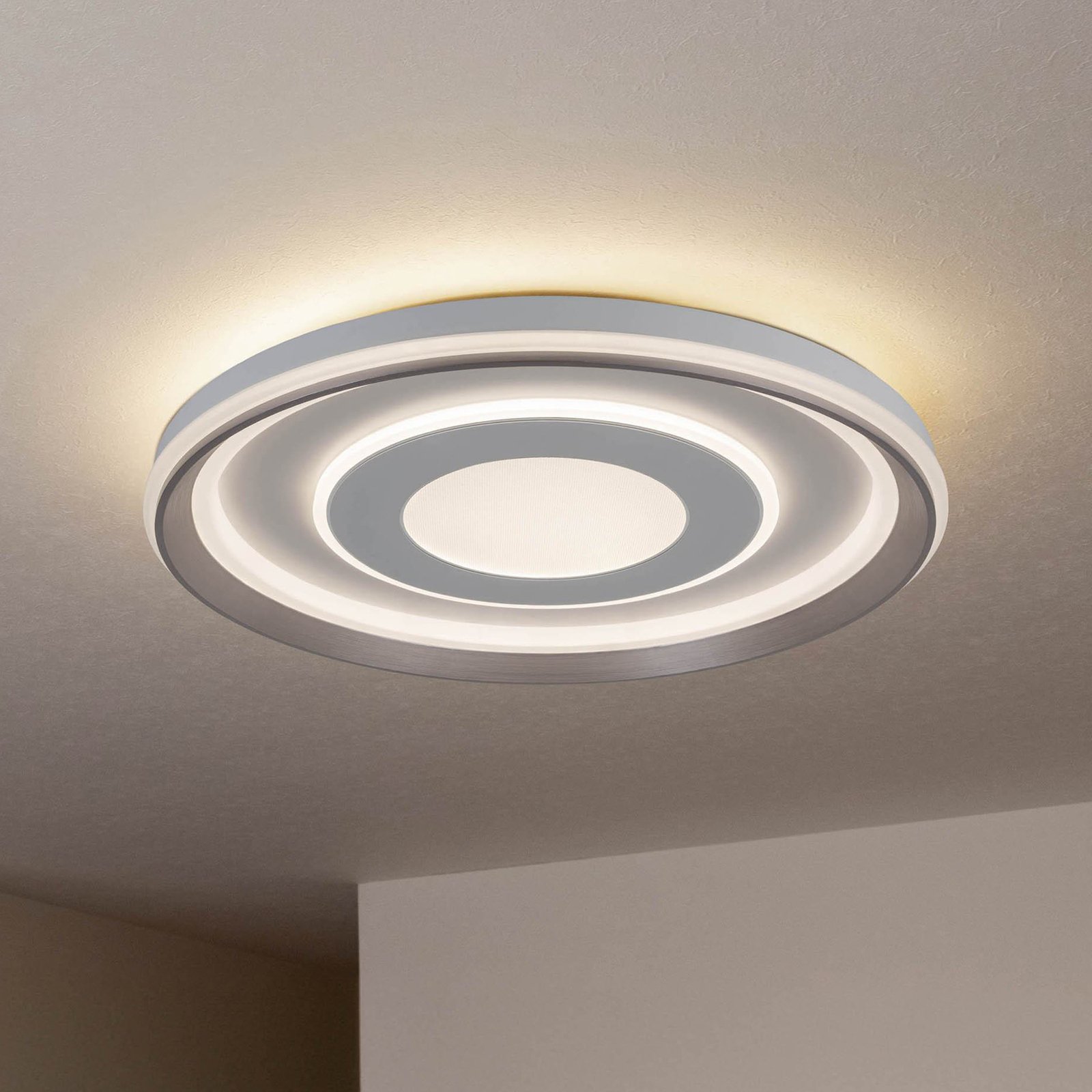 Plafonnier LED Doira, blanc, métal, Ø 50 cm, CCT, télécommande