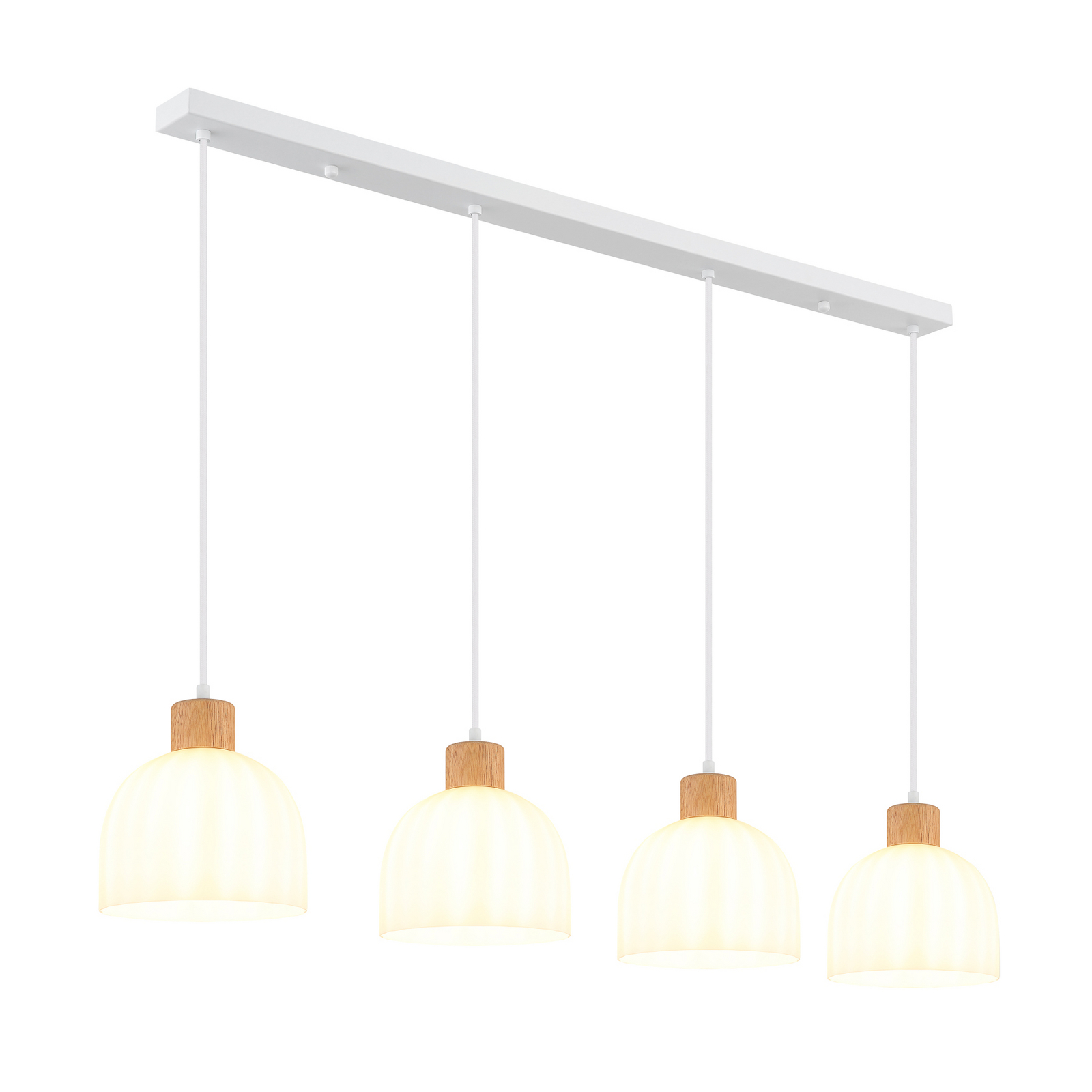 Lampă suspendată Swanson, lungime 113 cm, alb/maro, metal/lemn, 4 becuri Lampă suspendată Swanson, lungime 113 cm, alb/maro, metal/lemn, 4 becuri