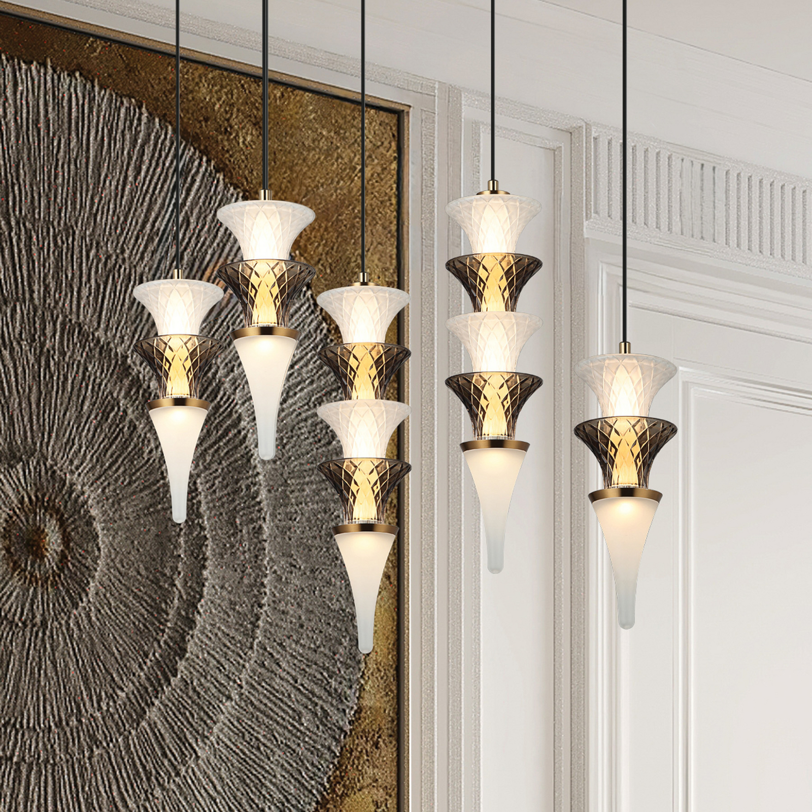 LED-pendellampe Venera, høyde 29 cm, hvit/brun, glass