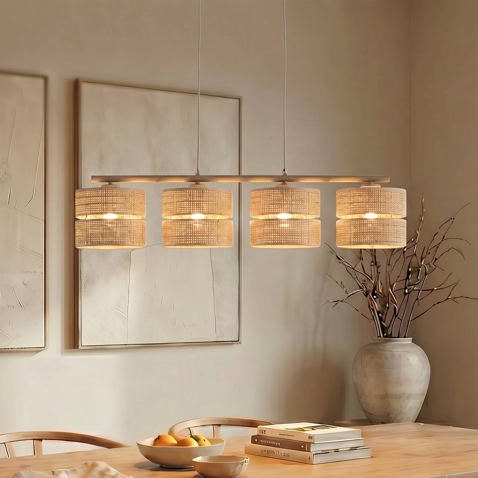 TK Lighting Suspension Calma, à 4 lampes, beige, raphia, longueur 95 cm