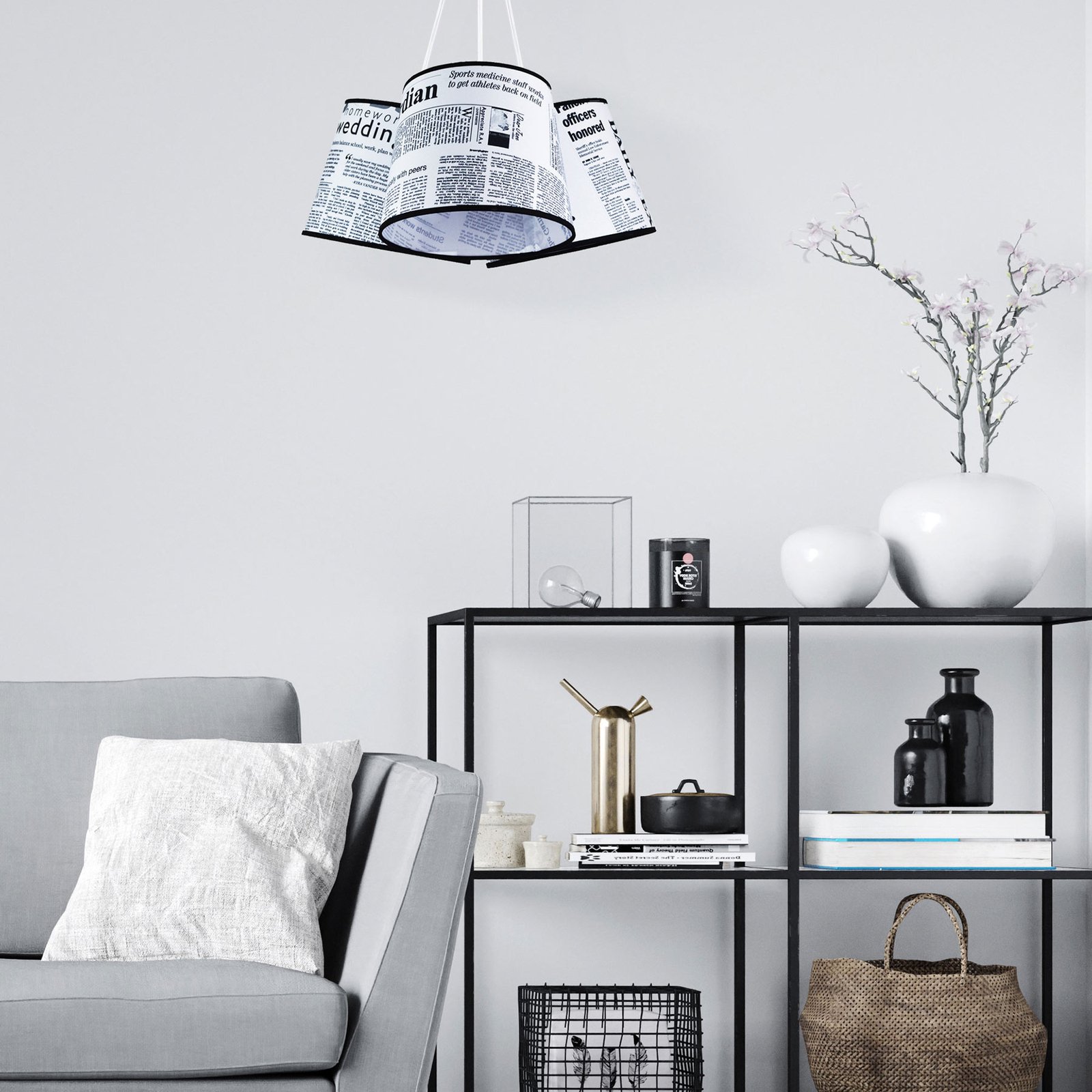 DUOLLA Rossa hanging light, 3-bulb, newspaper motif, for Living / Dining Room, synthetic fibre fabric, E27, 40 W, energy efficiency: A++