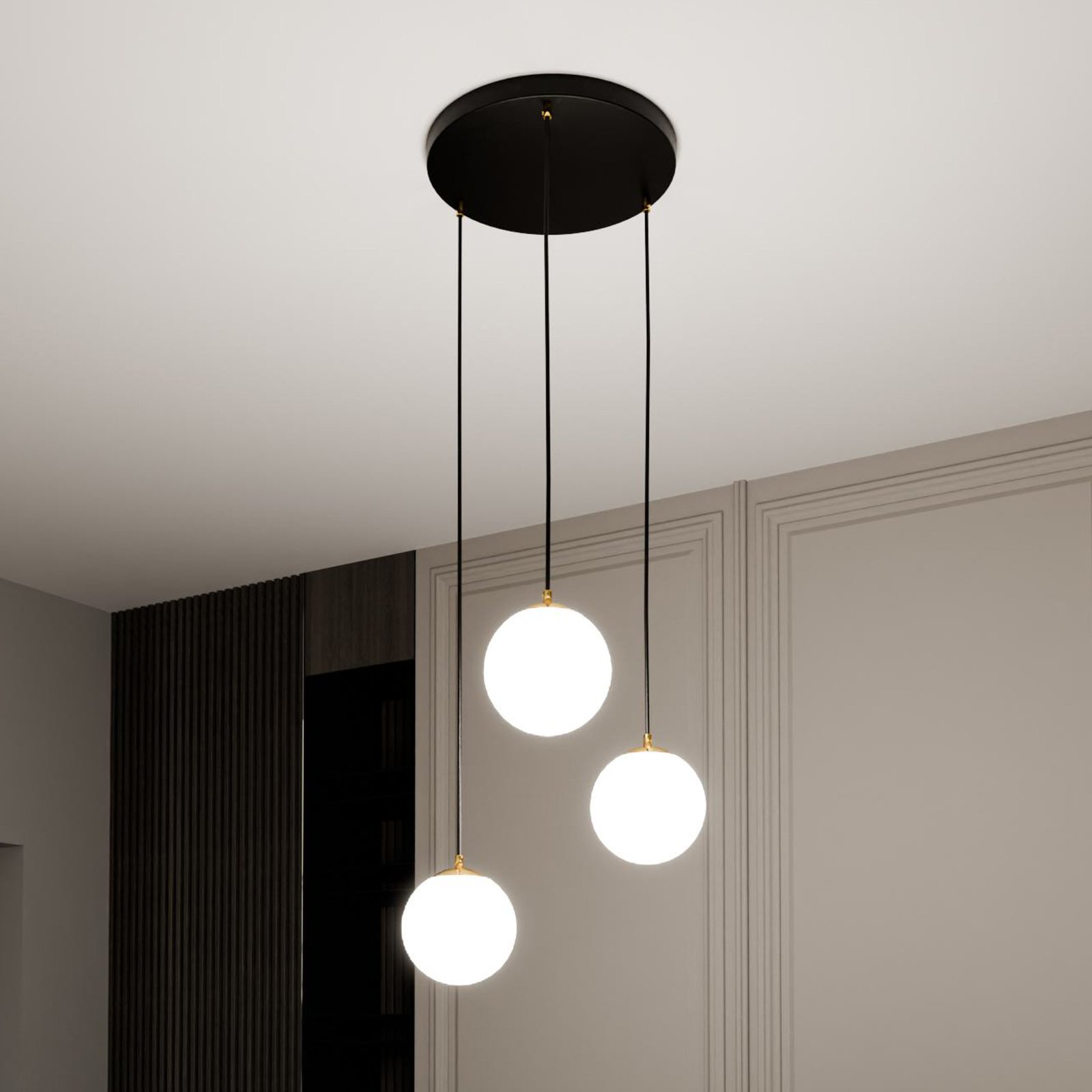 Royal pendant light, 3-bulb, opal white/black, glass, E14