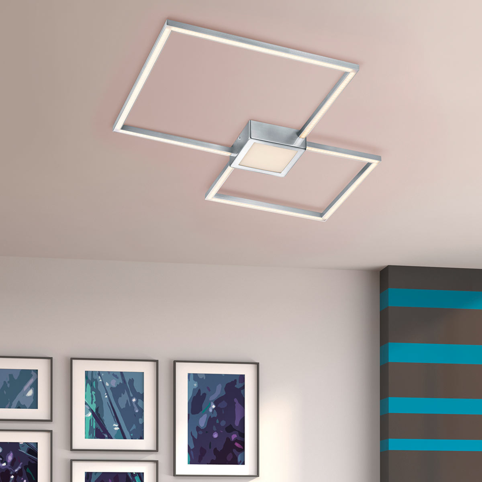Hydra LED ceiling light, 3,000 K nickel, 2 squares