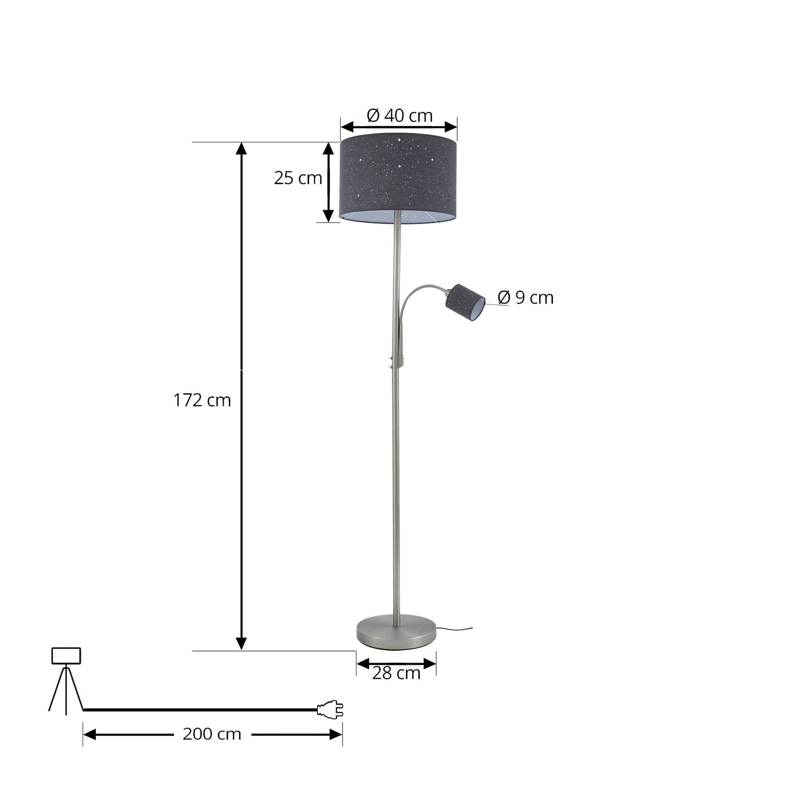 Jaileen vloerlamp 170 cm, grijs, leeslampje, textiel - Lindby