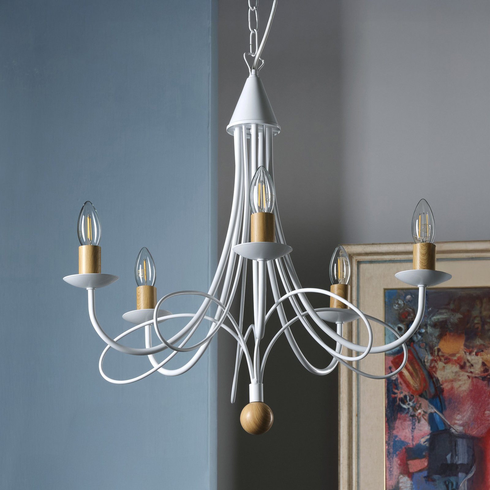 Lustre Milvia, cinco luzes, branco/madeira, metal