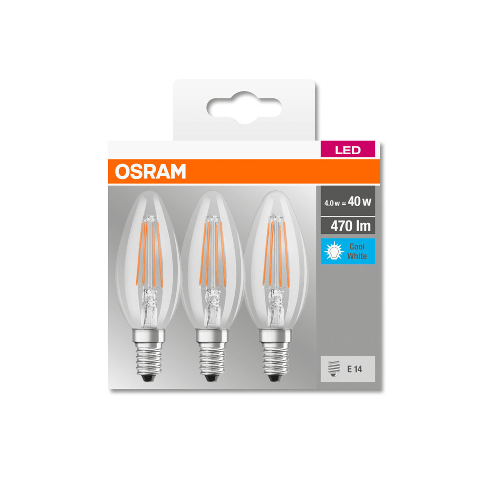 OSRAM LED svíčka E14 4W filament 4 000K 470lm 3ks