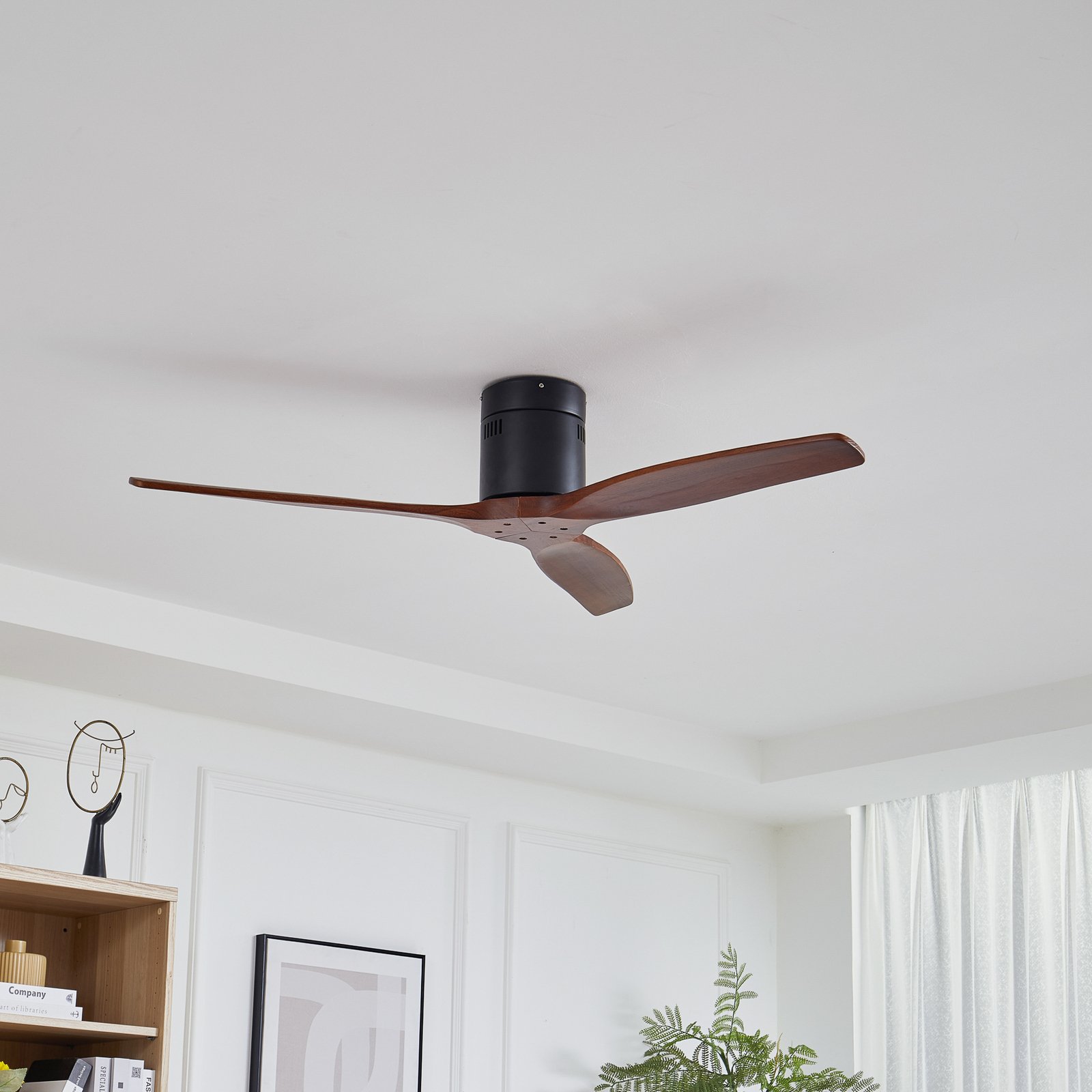 Lucande ceiling fan Vindur, black/wood, DC, quiet