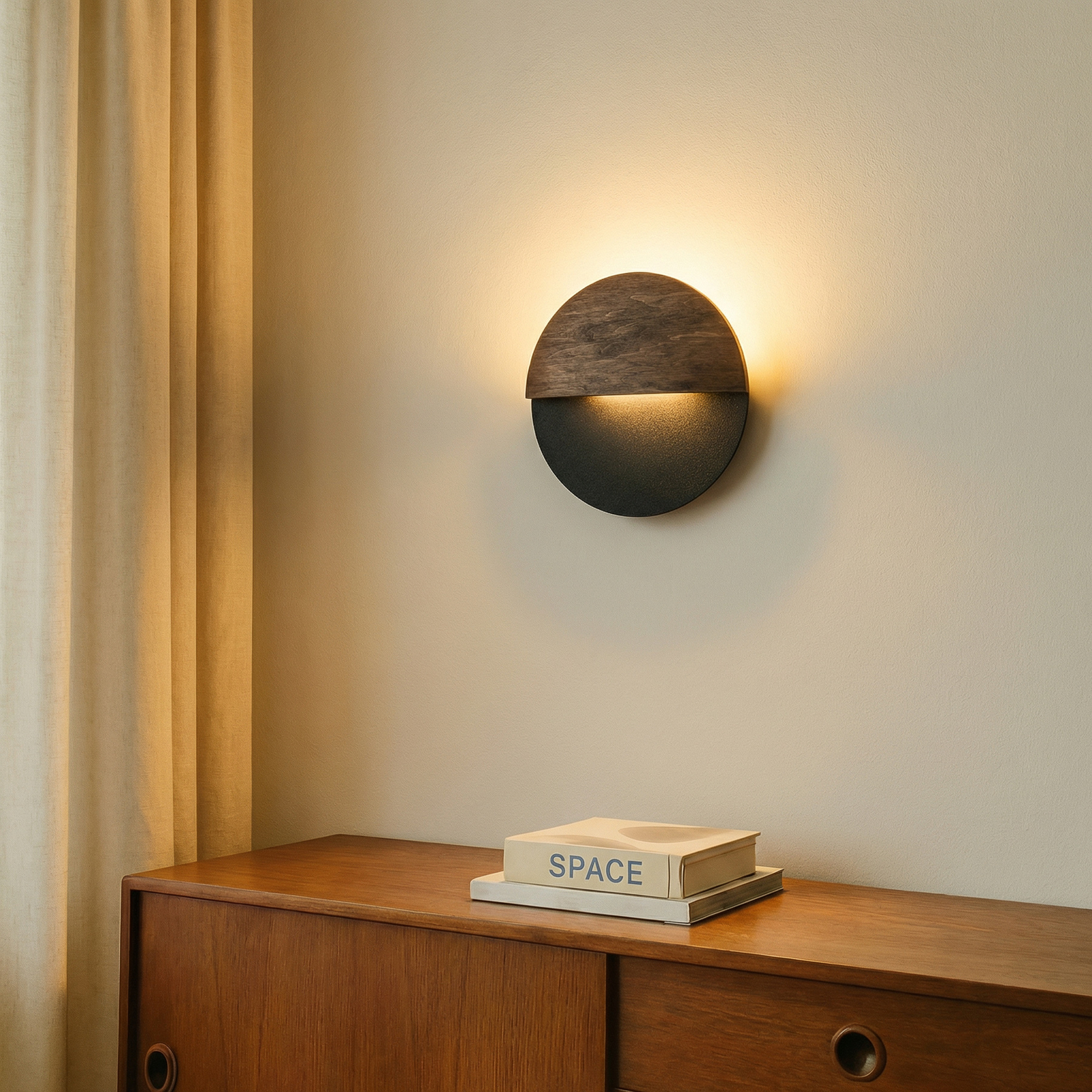 LED nástěnné světlo Luna S, černá/wenge, ocel, dřevo, 3 000 K