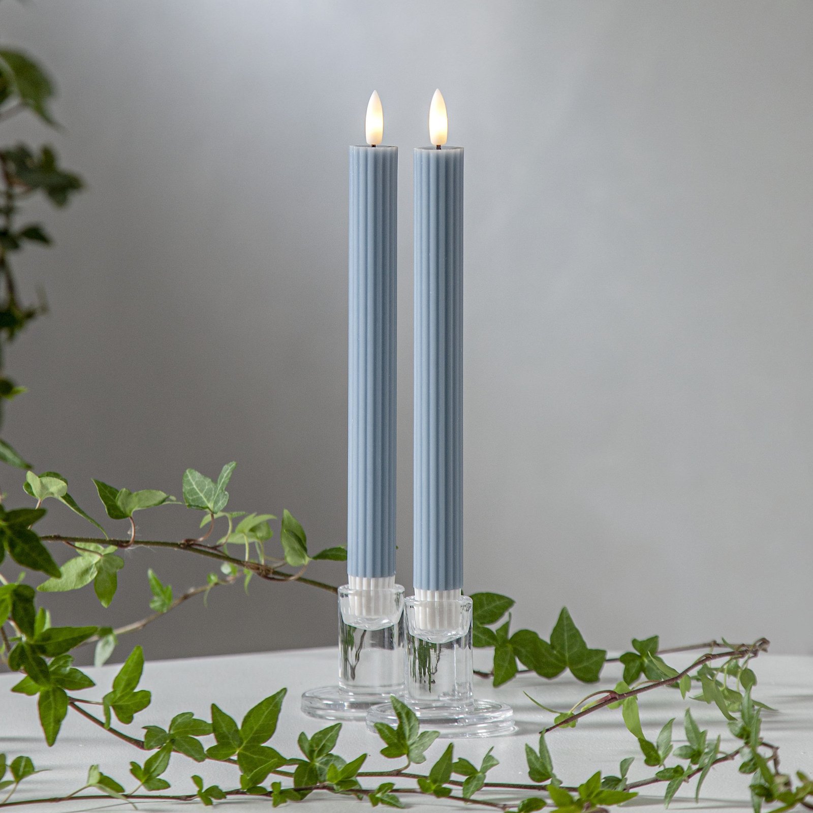 LED candle Flame Strip, blue, 25 cm, wax battery set of 2