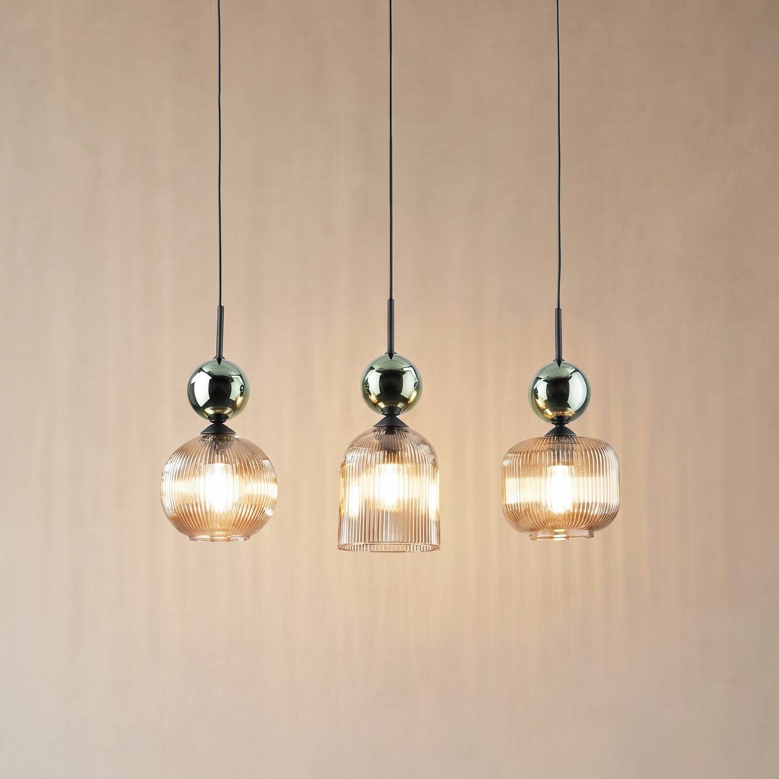 Levně TK Lighting Závěsné světlo Sophia, 3 žárovky, koňaková/zelená, délka 65 cm, E14