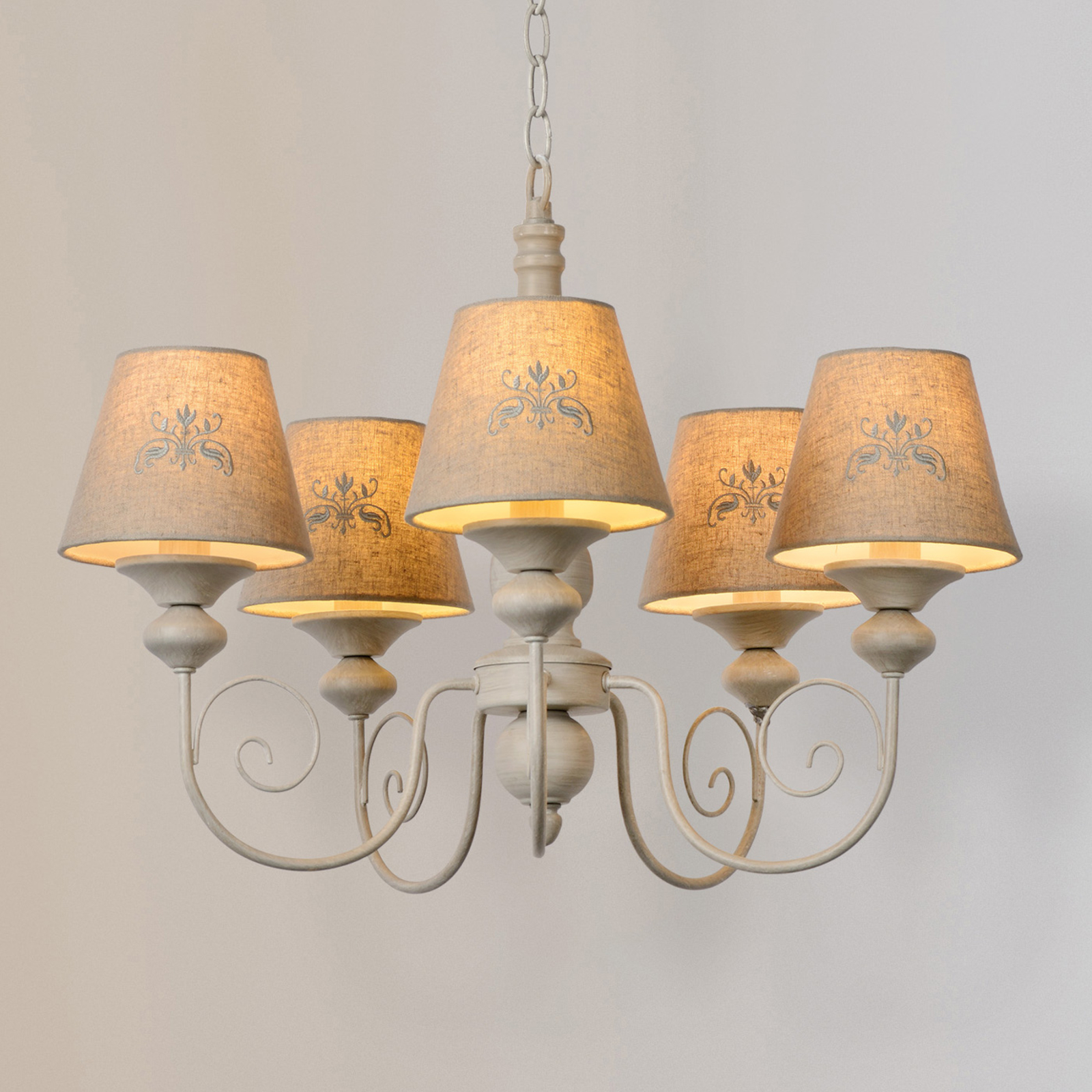Lucide Robin hanging light, five-bulb chandelier, for Living / Dining Room, metal, linen, E14, 40 W, energy efficiency: A++, H: 50 cm