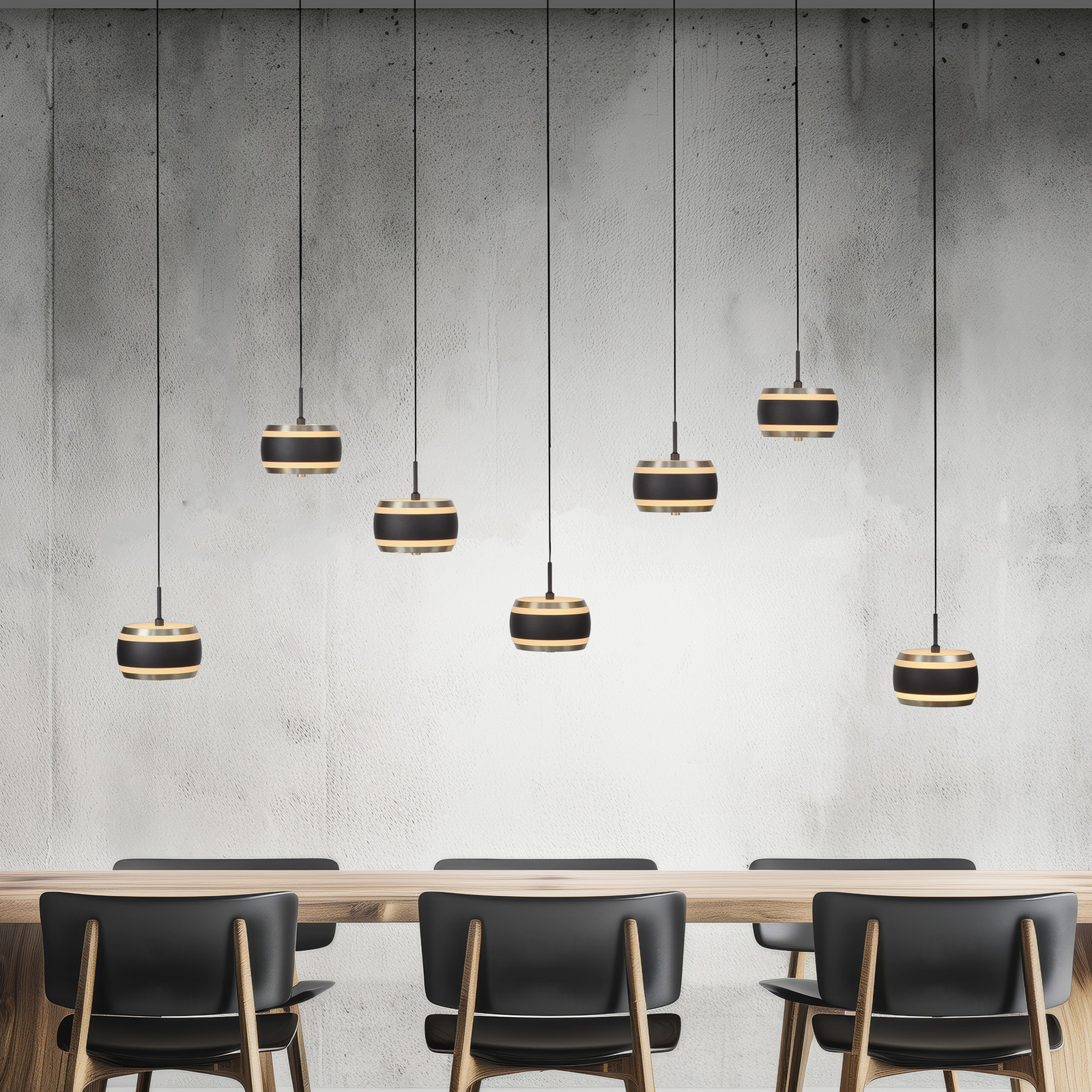 PURE LED-Hängelampe Falling Rings schwarz Länge 132 cm 7-fl.